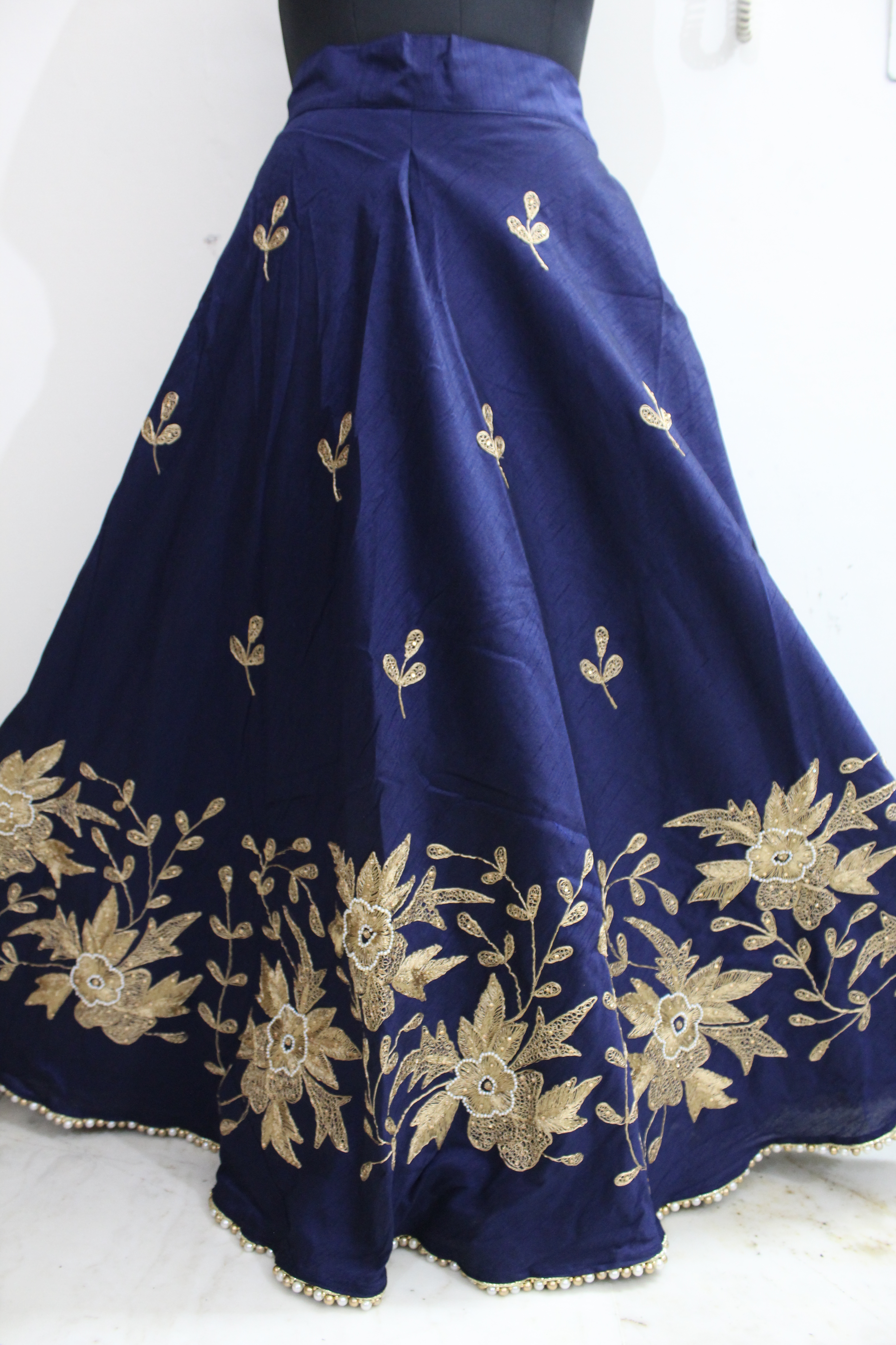 Designer Embroidered Skirts - Silk, 43 Inch Length, 32-44 Inch Waist | Moti Lace Trim, Floral Embroidery, Elastic Back, Zipper Side Closure