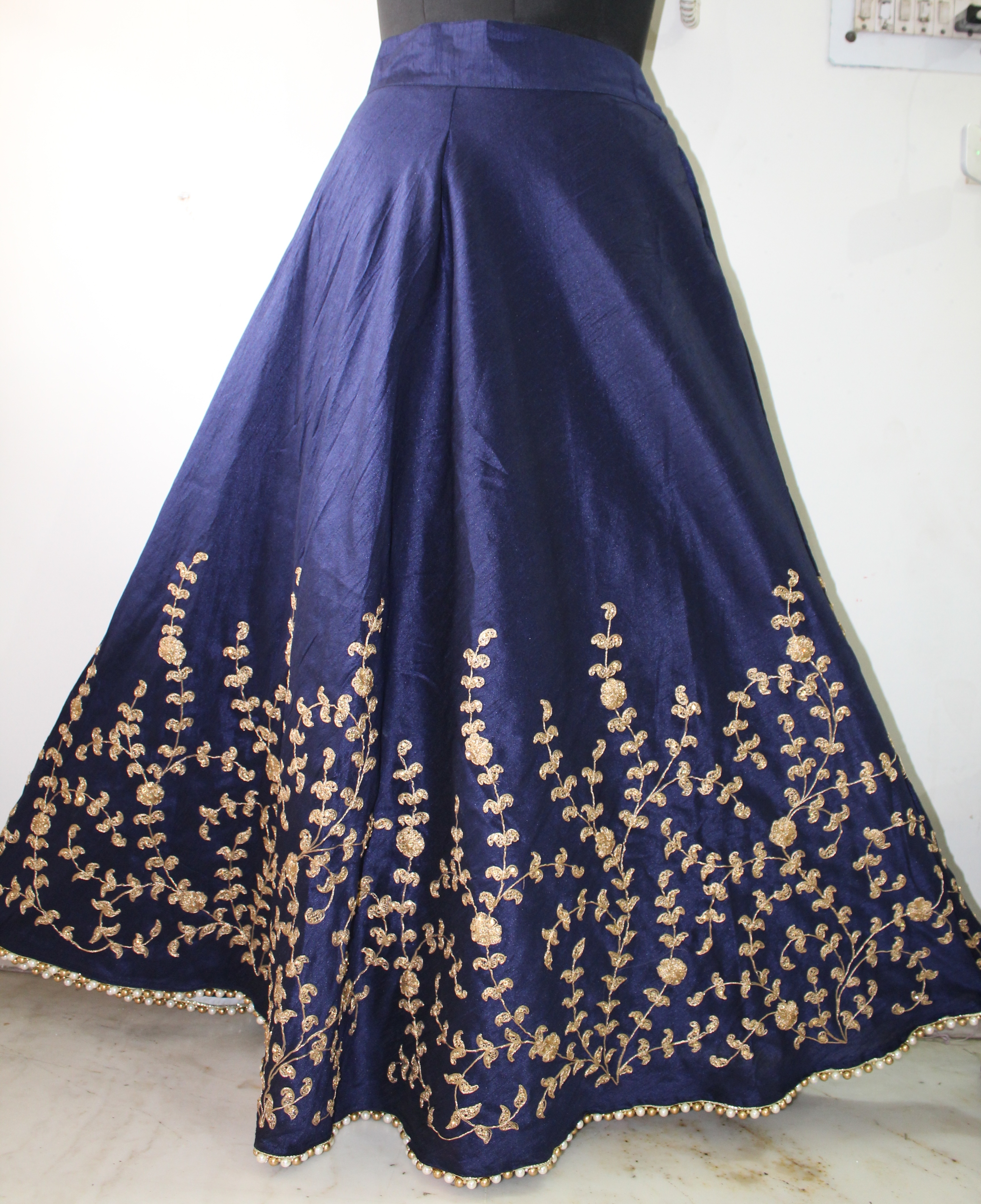 Designer Embroidered Skirts - Silk, 43 Inch Length, 32-44 Inch Waist | Moti Lace Trim, Floral Embroidery, Elastic Back, Zipper Side Closure