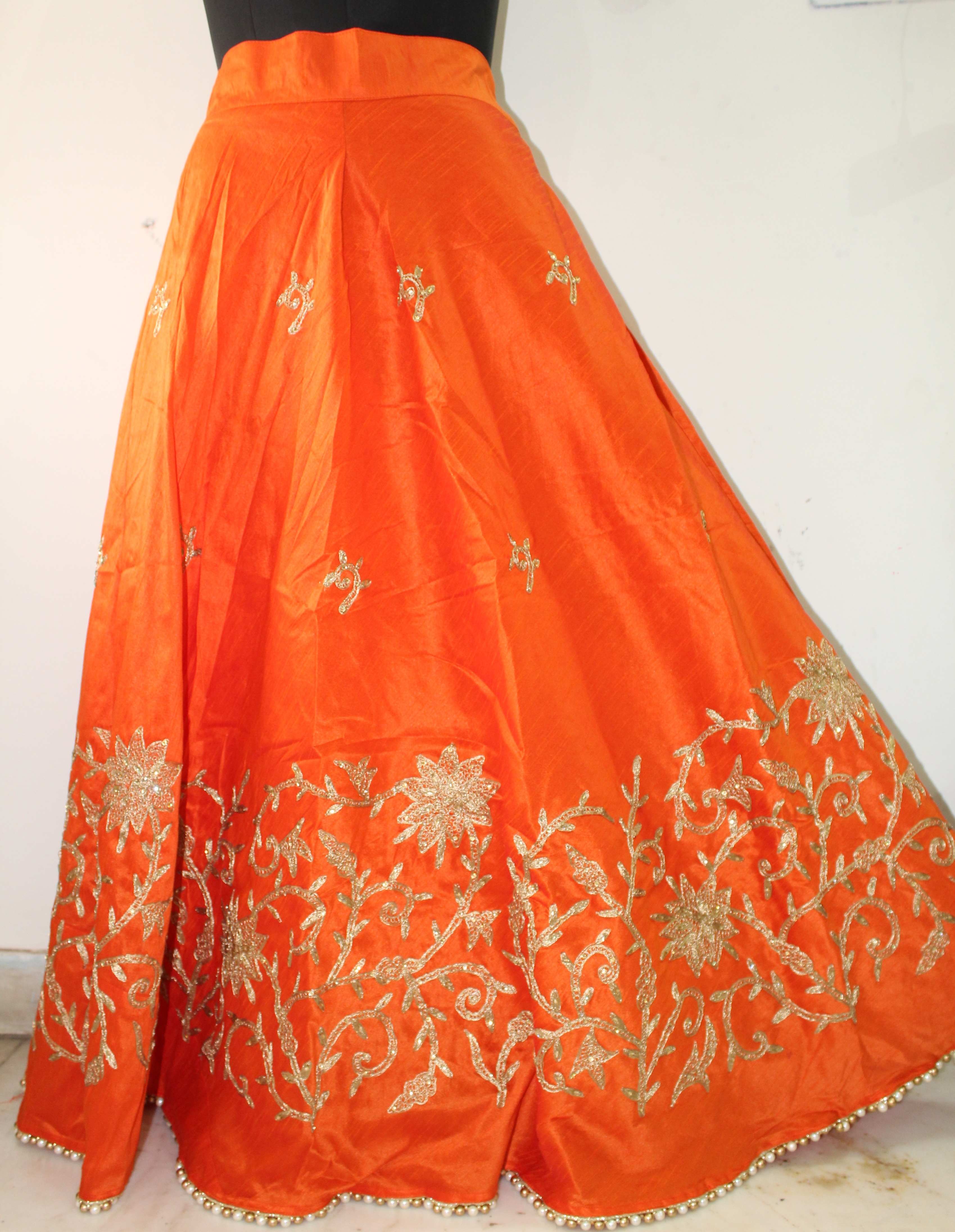 Designer Embroidered Skirts - Silk, 43 Inch Length, 32-44 Inch Waist | Moti Lace Trim, Floral Embroidery, Elastic Back, Zipper Side Closure