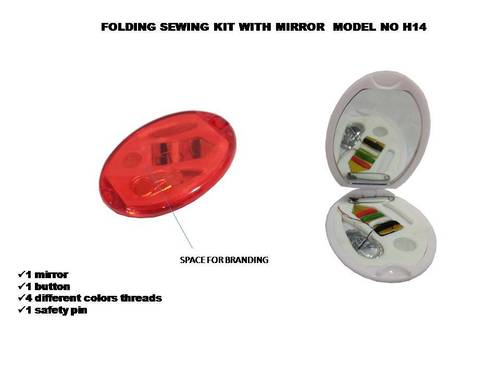 Oval Sewing Kit Folding Mirror - Plastic, Oval Shape, Red and White | Includes Needle, Button, Thread, Ideal for Tailoring
