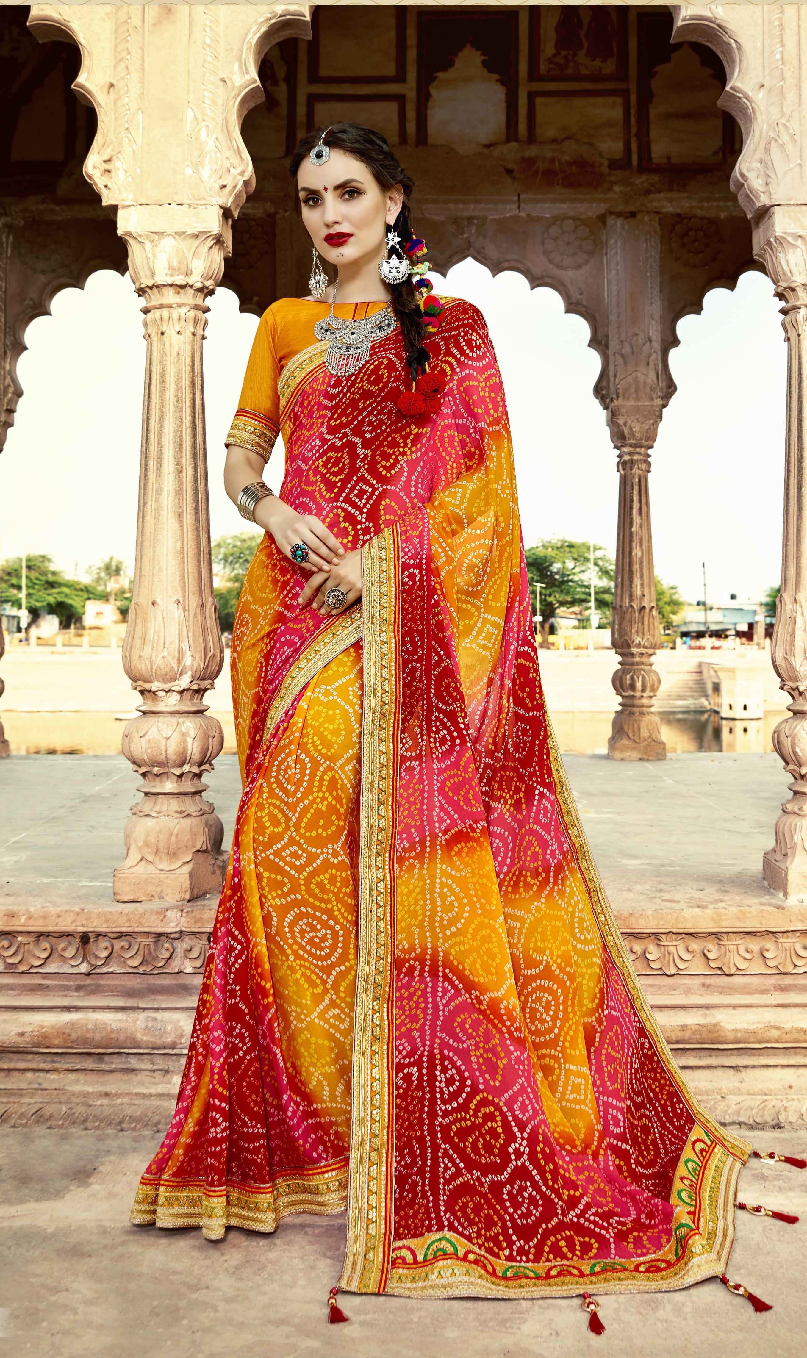 Bandhej Saree - Georgette, 5.5 Mtr With Banglori Blouse 0.8 Mtr , Bandhej Printed & Embroidered Lace Border