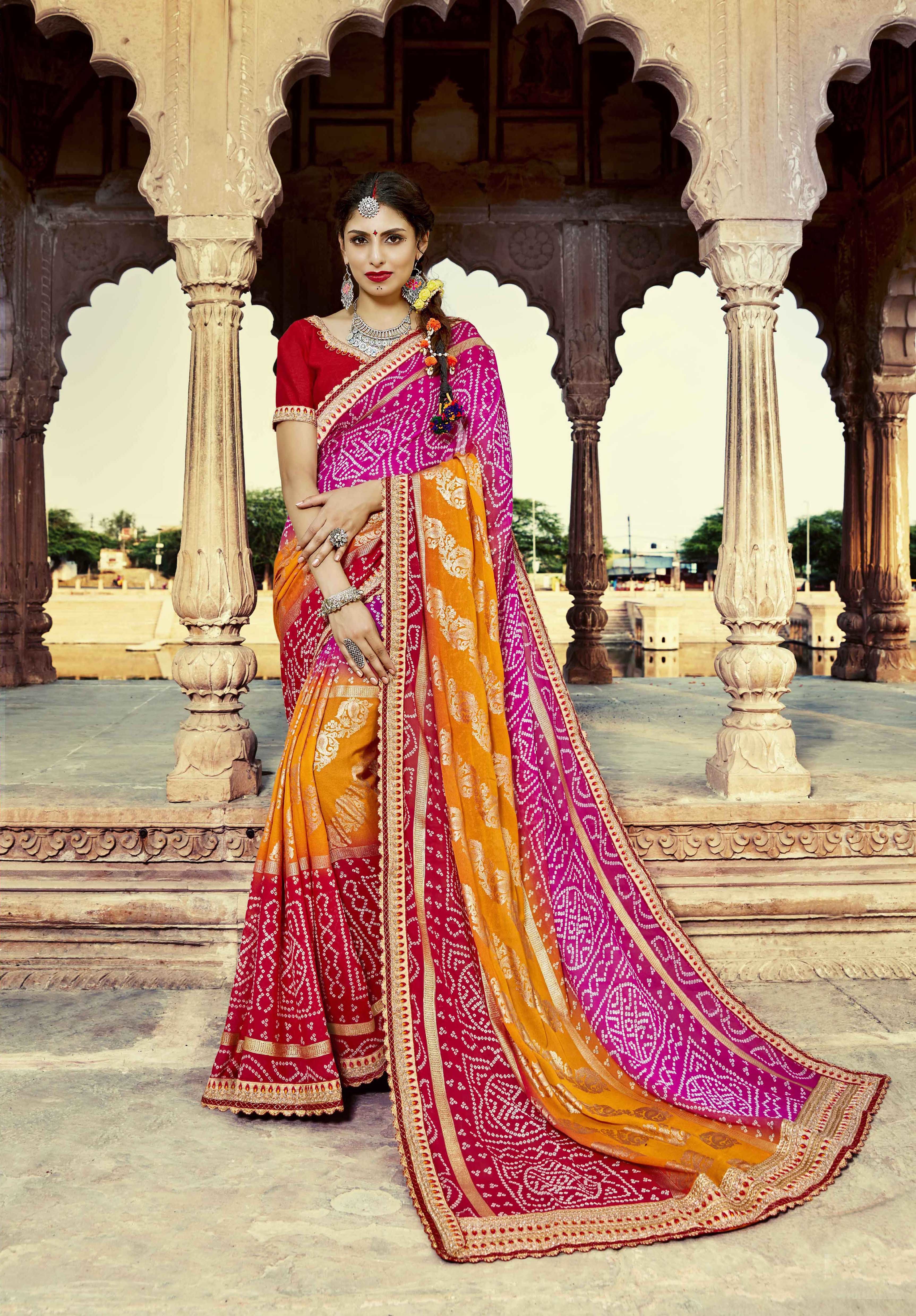 Bandhej Saree - Georgette, 5.5 Mtr With Banglori Blouse 0.8 Mtr , Bandhej Printed & Embroidered Lace Border