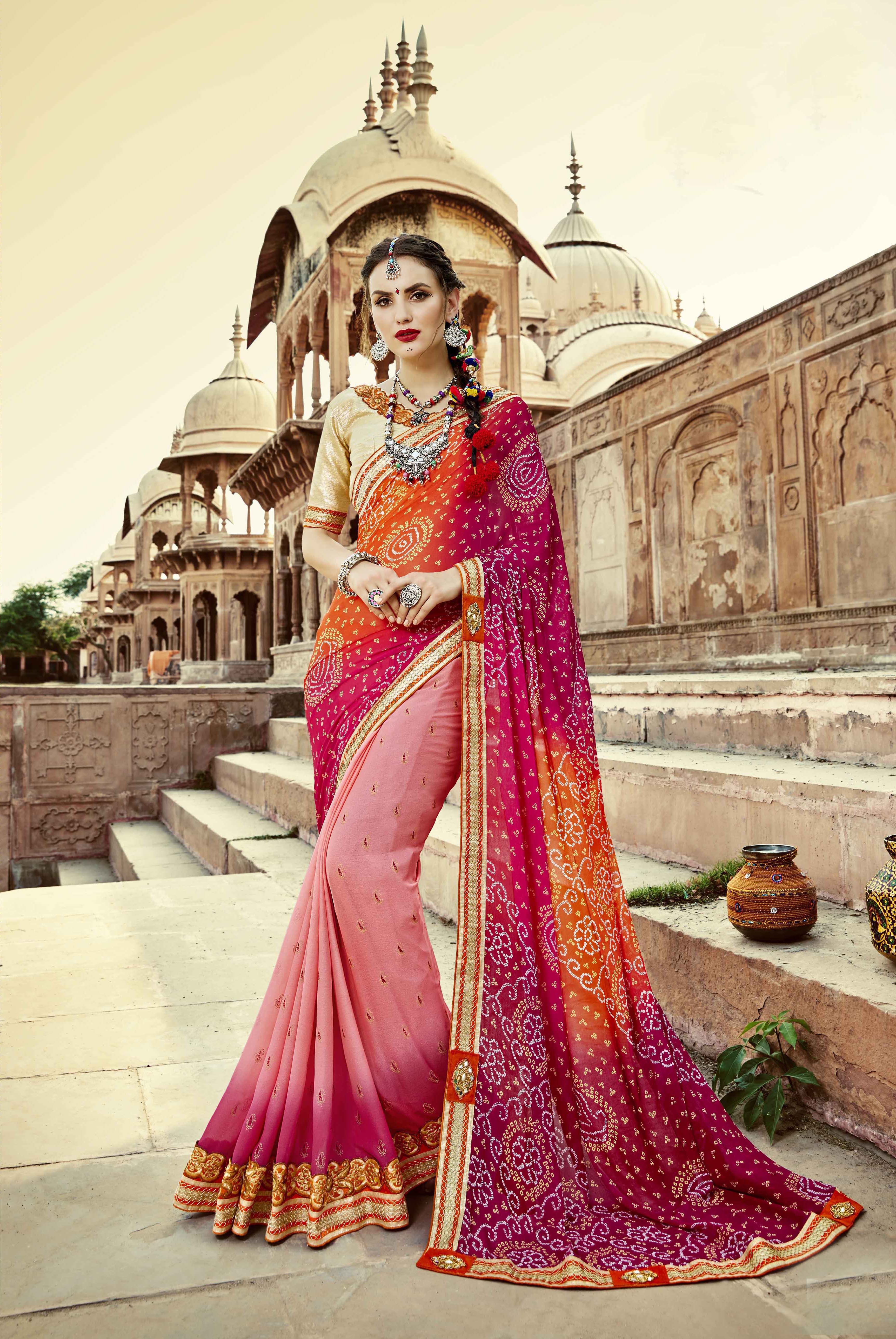 Bandhej Saree - Georgette, 5.5 Mtr With Banglori Blouse 0.8 Mtr , Bandhej Printed & Embroidered Lace Border