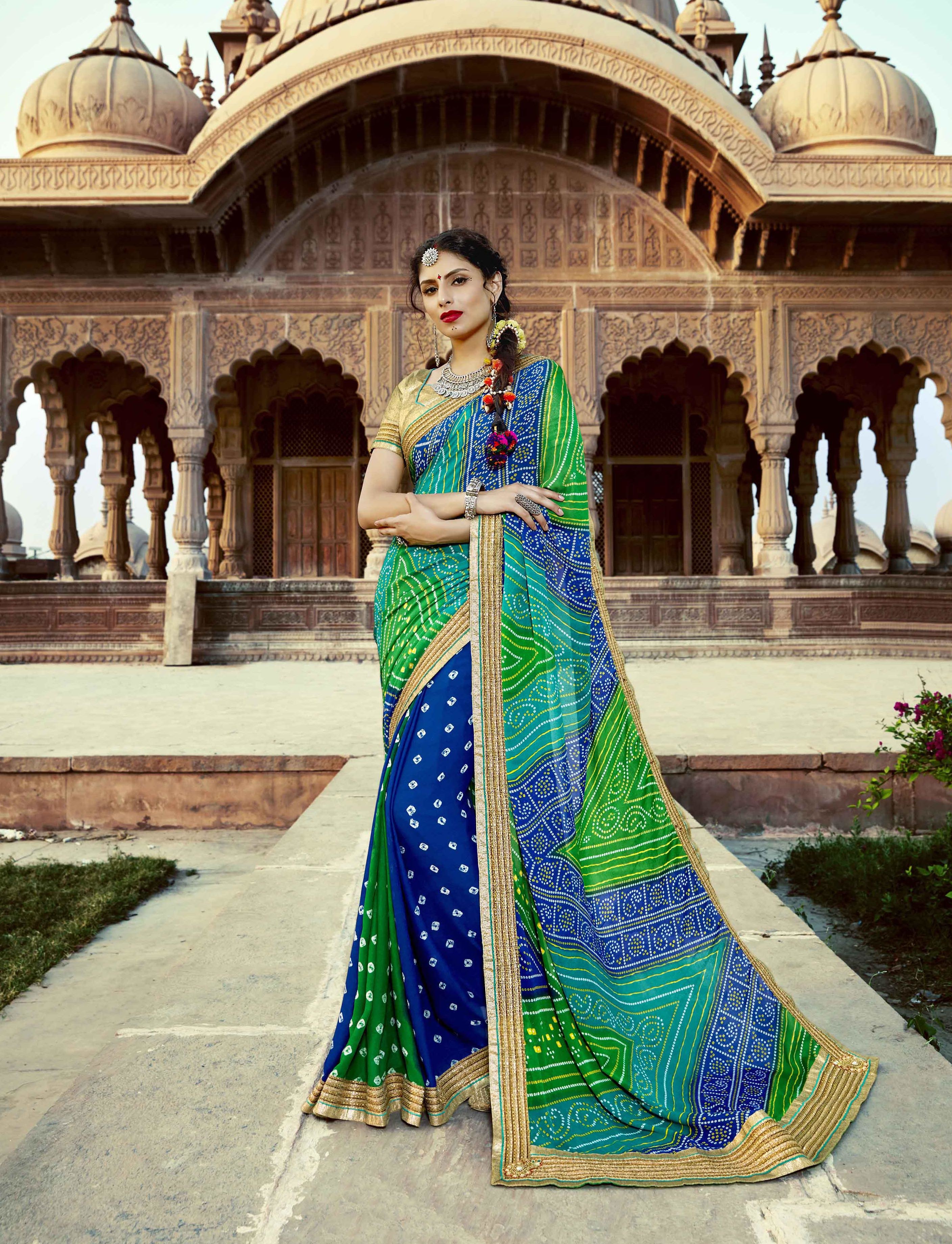 Bandhej Saree - Georgette, 5.5 Mtr With Banglori Blouse 0.8 Mtr , Bandhej Printed & Embroidered Lace Border