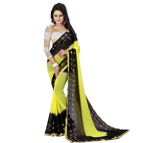 New Bandhani Chiffon Saree - Chiffon Silk Material, 5.5 Mtr Length, 0.8 Mtr Blouse, Yellow/black/blue/orange Color Options | Printed Bandhani Pattern, Ideal For Festivities