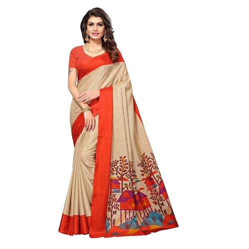 Manipuri Silk Fancy Saree - 5.5 Mtr Length, 0.8 Mtr Blouse | Art Silk, Printed Pattern, Available In Black, Red, Orange, Grey, Pink, Firozi