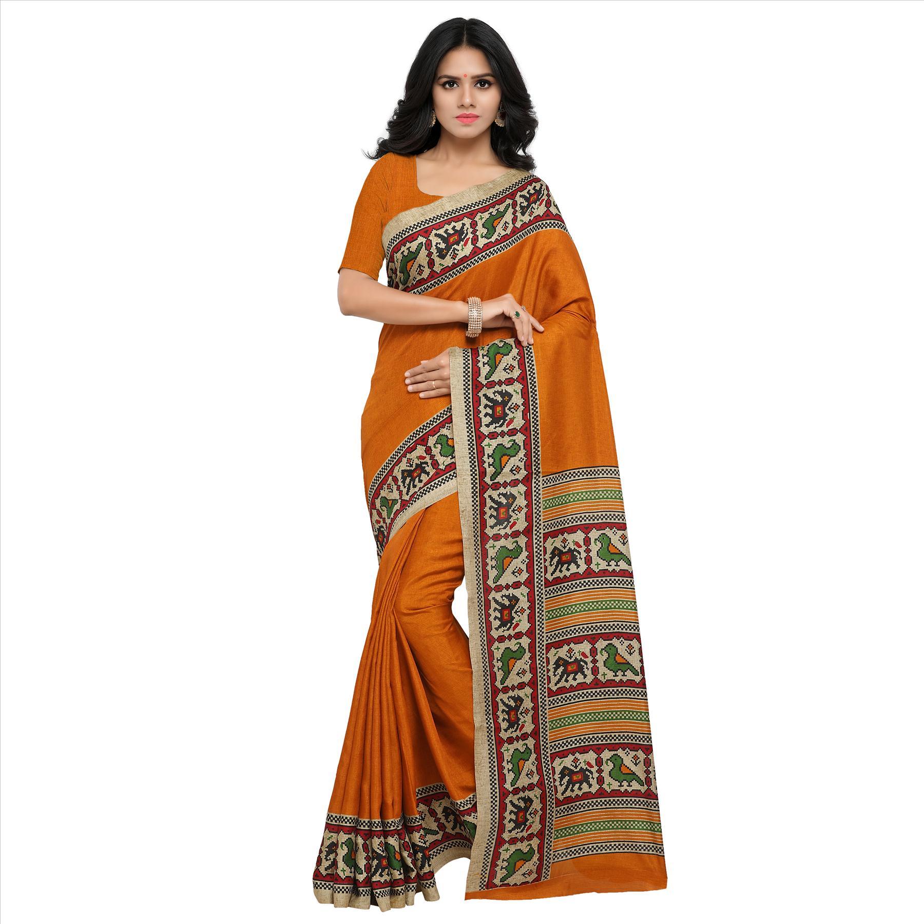 Manipuri Silk Fancy Saree - 5.5 Mtr Length, 0.8 Mtr Blouse | Art Silk, Printed Pattern, Available In Black, Red, Orange, Grey, Pink, Firozi