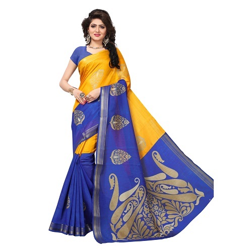 Designer Zari Border Saree - Art Silk, 5.5 Mtr Length, Mustard, Blue, Pink Colors | Patterned Fabric With 0.8 Mtr Blouse Length