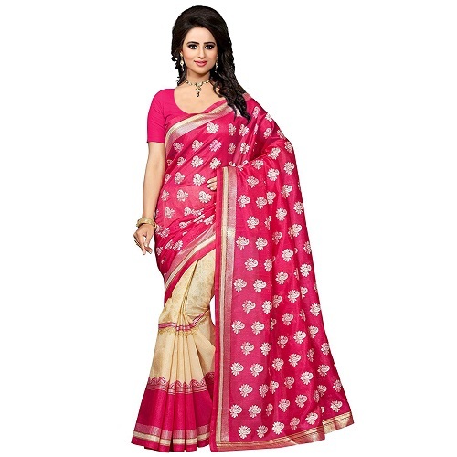 Fancy Foil Saree - Art Silk, 5.5 Mtr Length, 0.8 Mtr Blouse | Brown, Pink, Blue, Rani, Printed Pattern