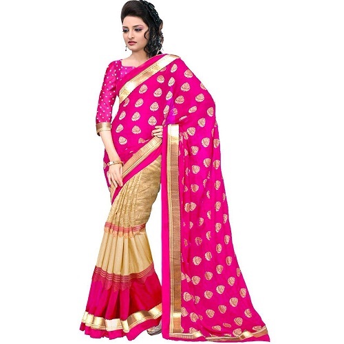 Fancy Foil Saree - Art Silk, 5.5 Mtr Length, 0.8 Mtr Blouse | Brown, Pink, Blue, Rani, Printed Pattern