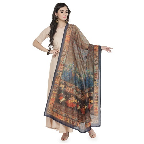 Silk Dupatta - Printed Ethnic Dress, 2.5 Meters Long, Multi-colour Silk, Other Sleeve Style, Intricate Kalamkari Design