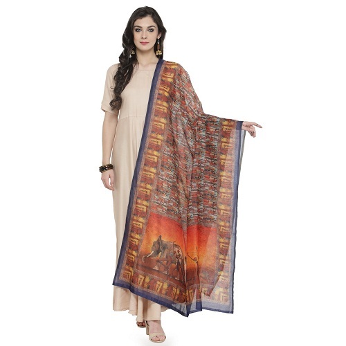 Silk Dupatta - Printed Ethnic Dress, 2.5 Meters Long, Multi-colour Silk, Other Sleeve Style, Intricate Kalamkari Design