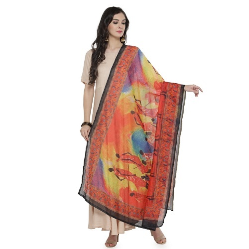Silk Dupatta - Printed Ethnic Dress, 2.5 Meters Long, Multi-colour Silk, Other Sleeve Style, Intricate Kalamkari Design