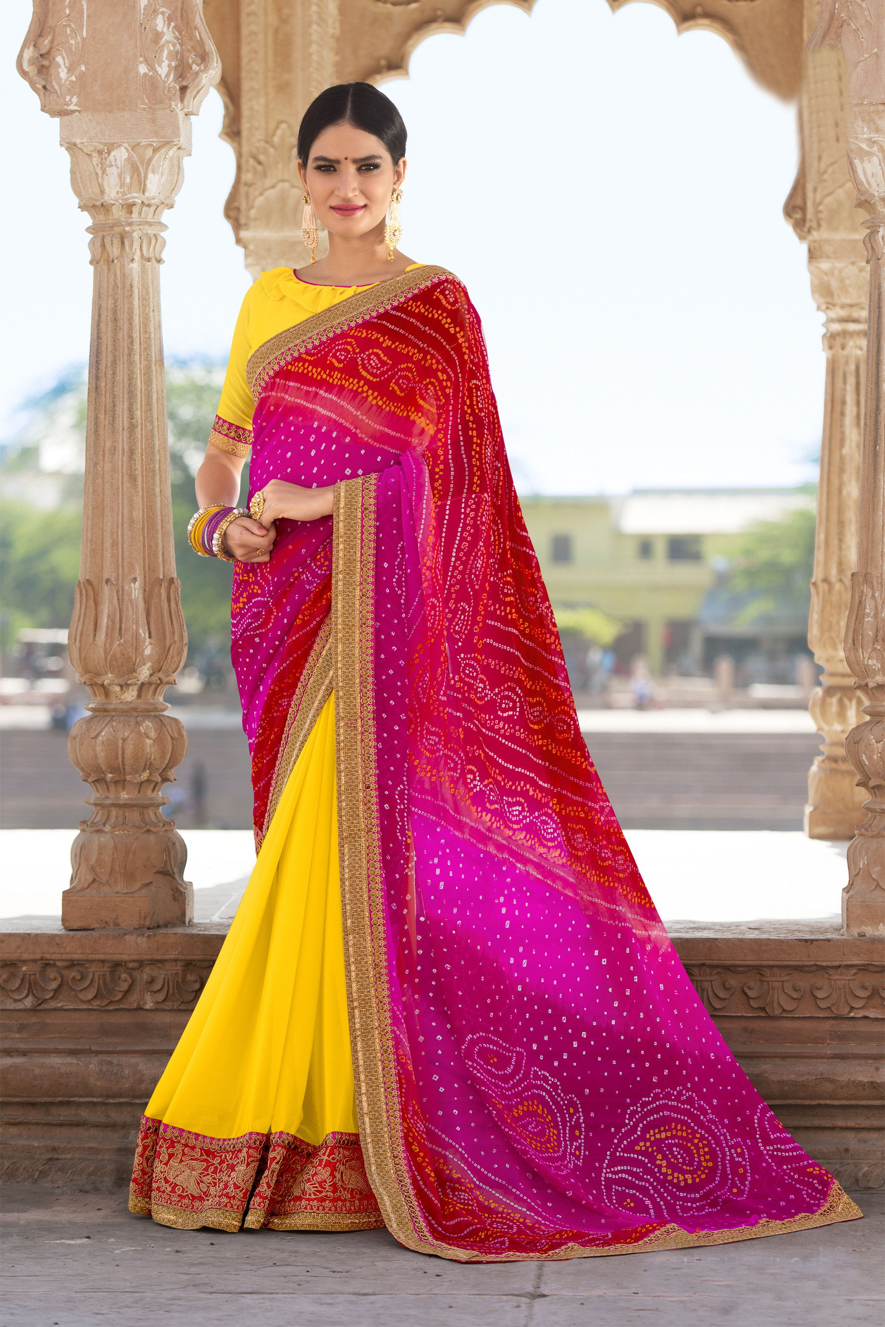 Designer Saree - Georgette Fabric Customized Size | Traditional Bandhej Printed Design Embroidered Border Ethnic Wear For Women