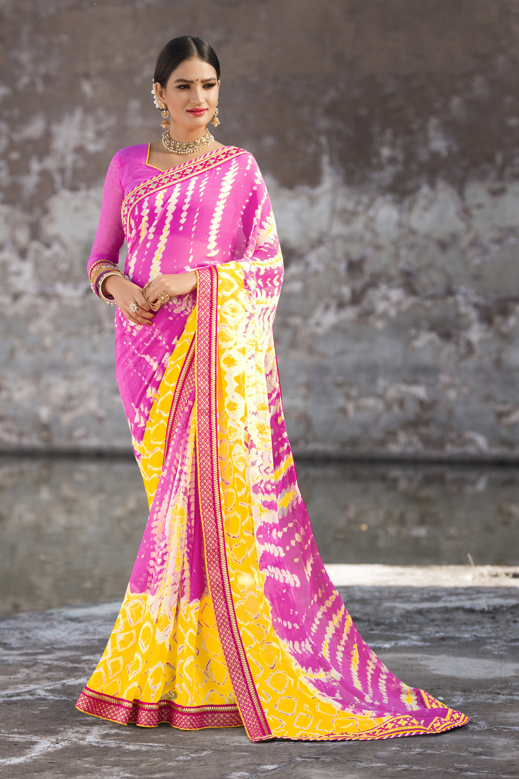 Designer Saree - Georgette Fabric Customized Size | Traditional Bandhej Printed Design Embroidered Border Ethnic Wear For Women