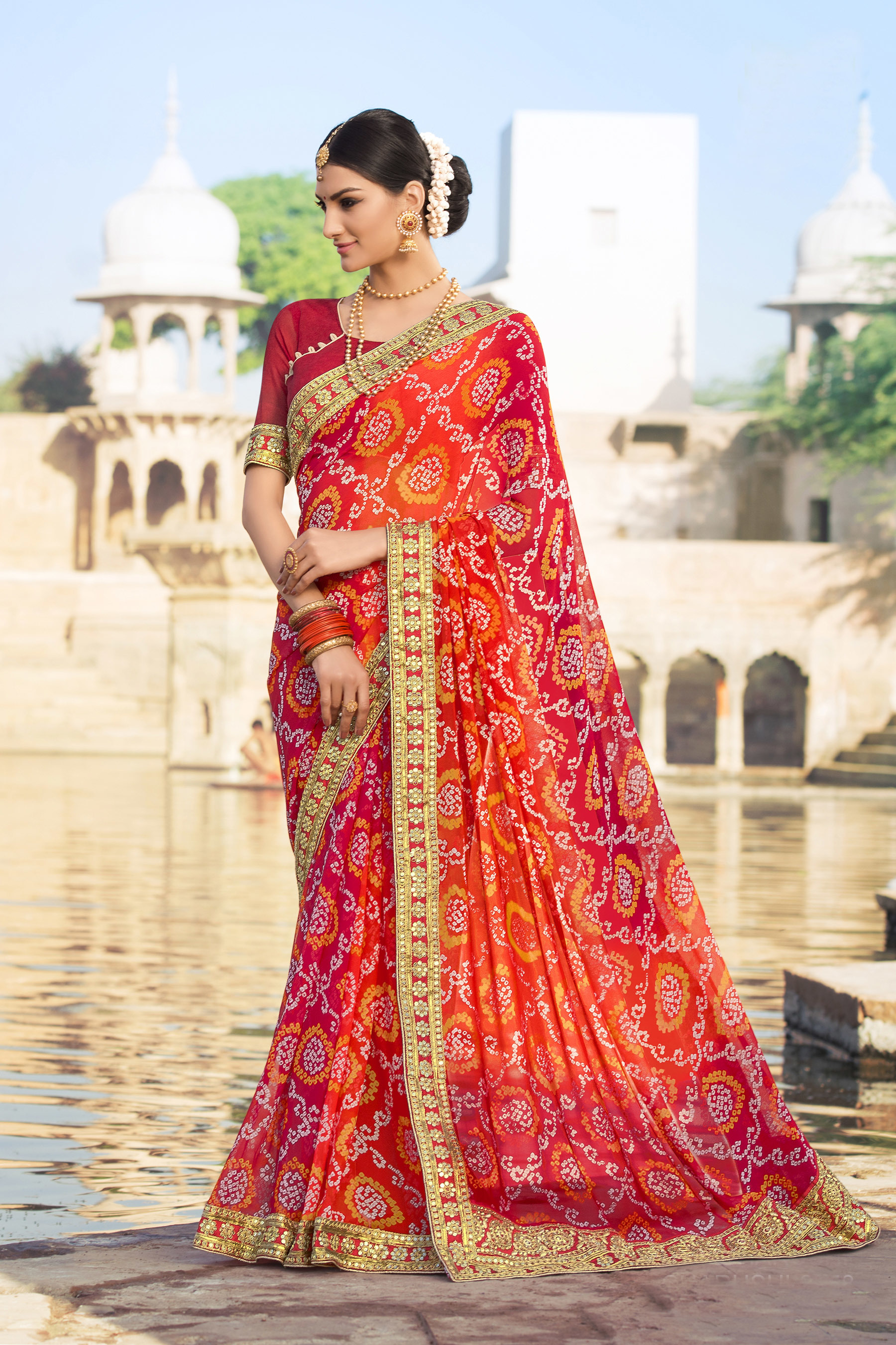 Designer Saree - Georgette Fabric Customized Size | Traditional Bandhej Printed Design Embroidered Border Ethnic Wear For Women