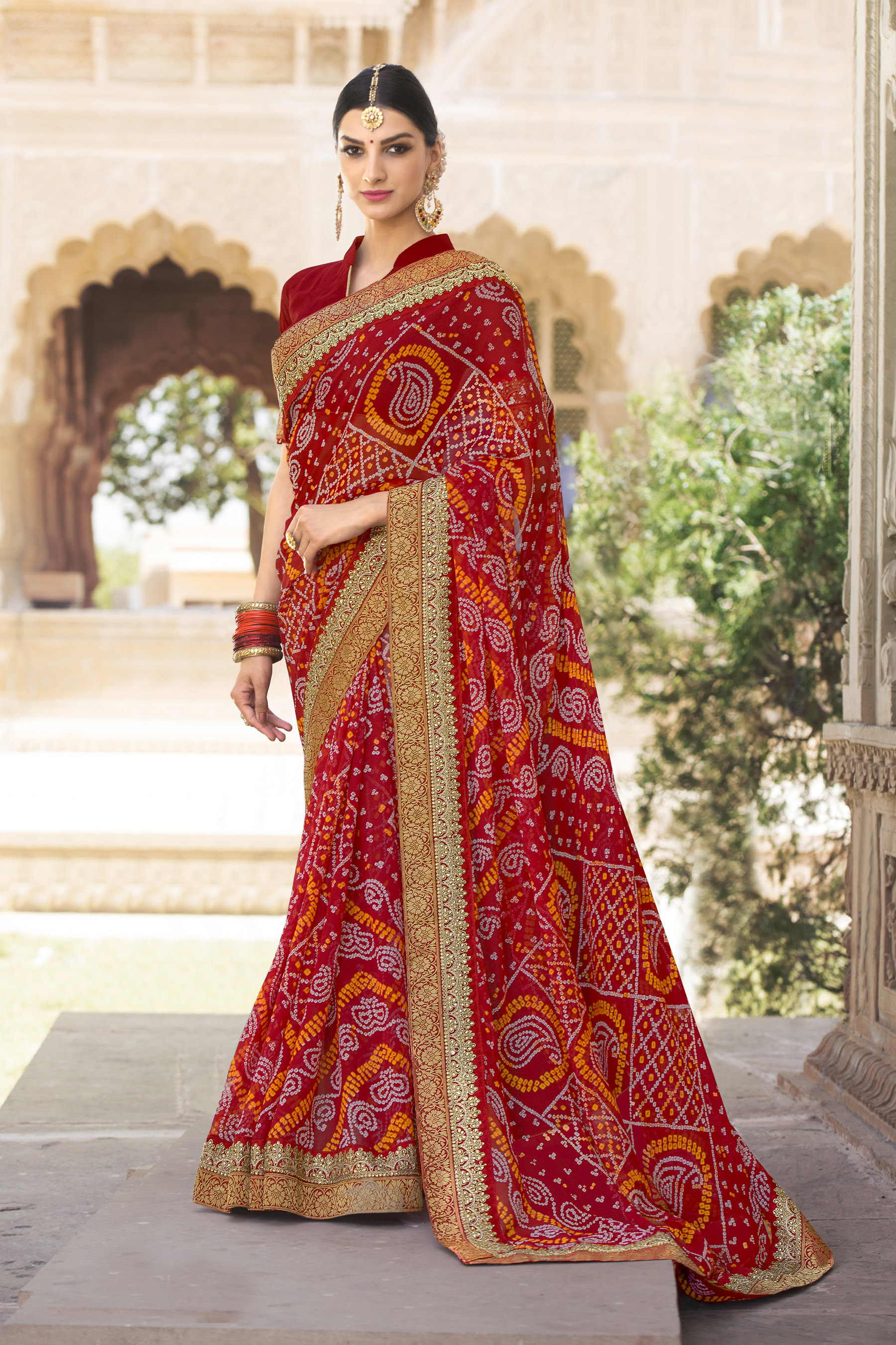 Designer Saree - Georgette Fabric Customized Size | Traditional Bandhej Printed Design Embroidered Border Ethnic Wear For Women