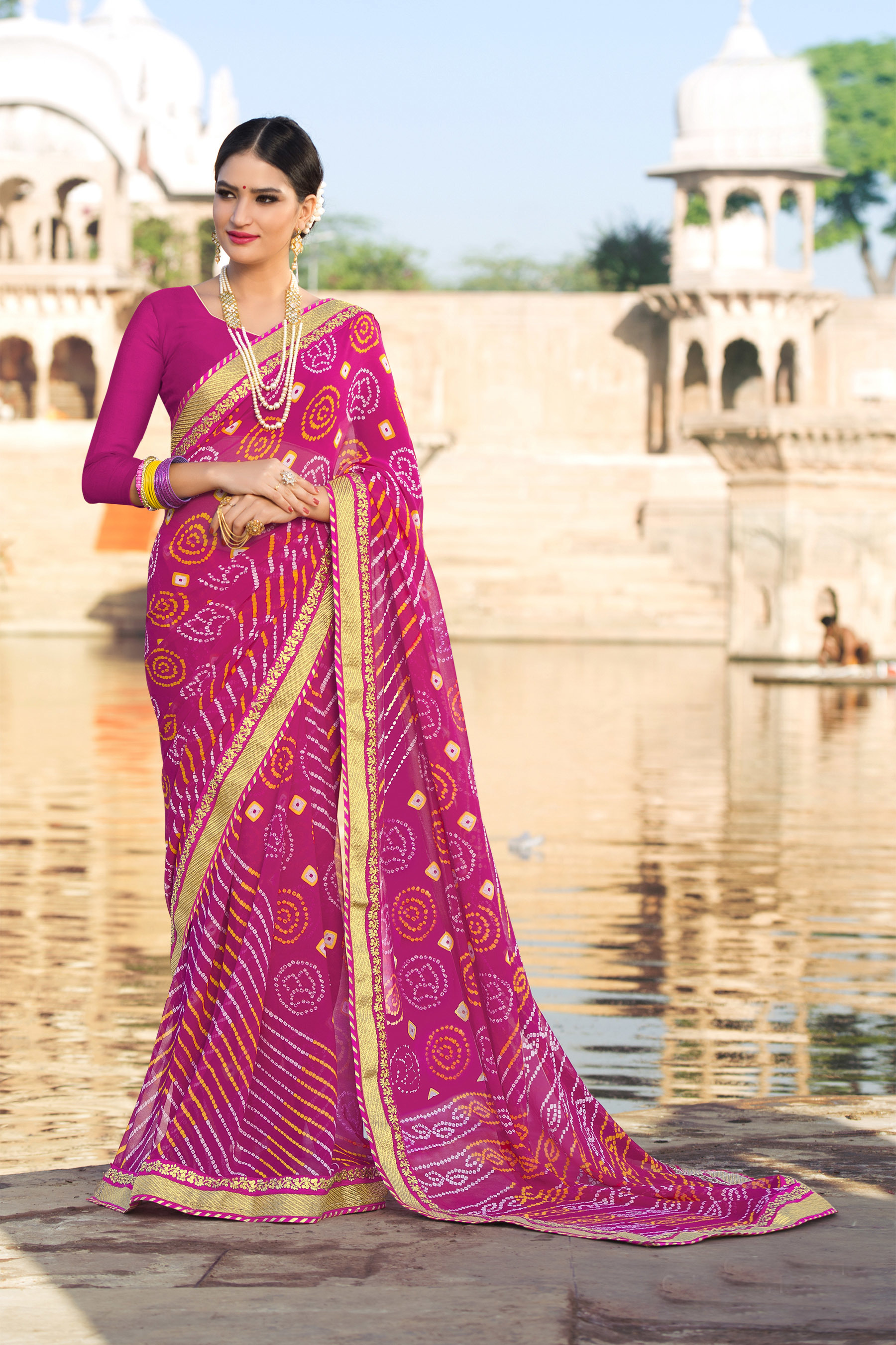 Designer Saree - Georgette Fabric Customized Size | Traditional Bandhej Printed Design Embroidered Border Ethnic Wear For Women