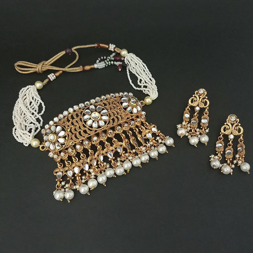 Imitation Necklace Set - Zinc Alloy Material, Choker Design adorned with AD Stones and Imitation Pearls | Perfect for Festive Occasions, Embodying Indian Ethnic Elegance