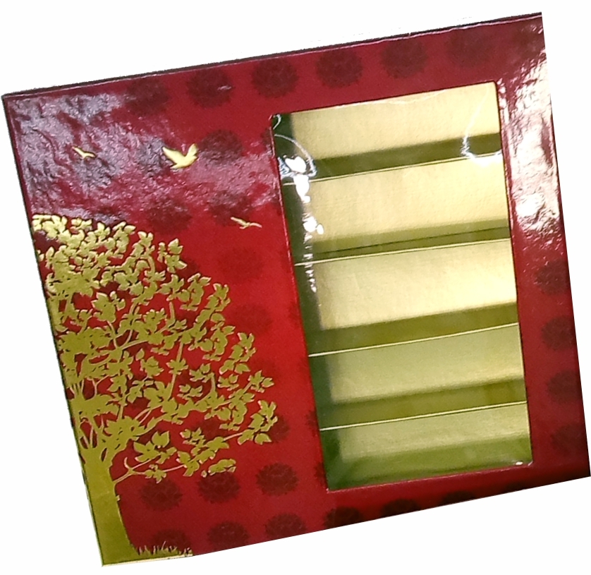 Tree Of Life Window 1/2 Kg - Paper, 7.25"x7.5"x1.5" | Maroon Gloss Lamination With Gold Foil, Rigid Design, 4 Compartments, Transparent Packaging