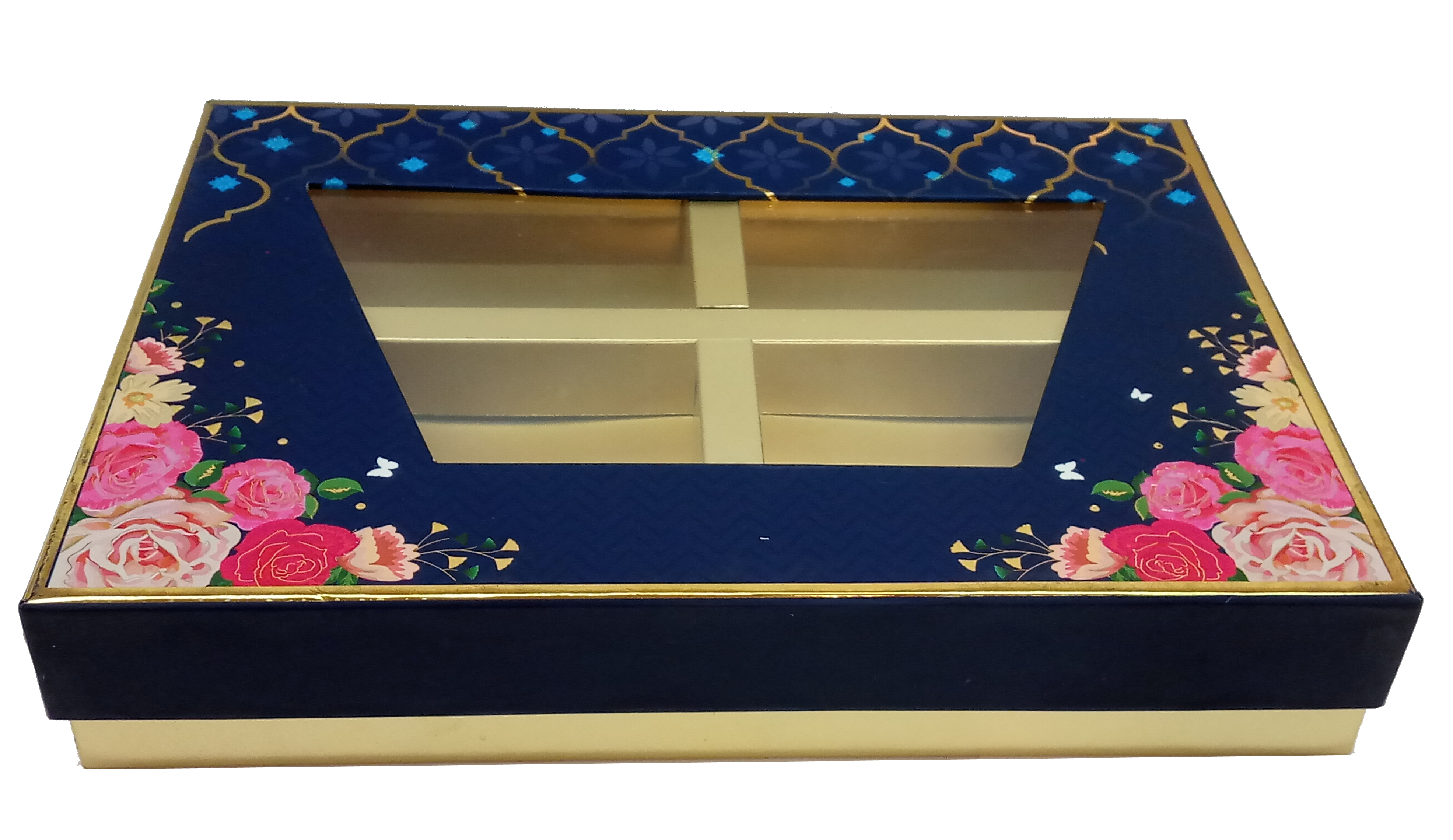 Imperial Window Dry Fruit Box - 11.5 X 8.5 X 1.5 Inch, Matt Lamination With Gold Foil, 4 Compartments For Gifting In Blue
