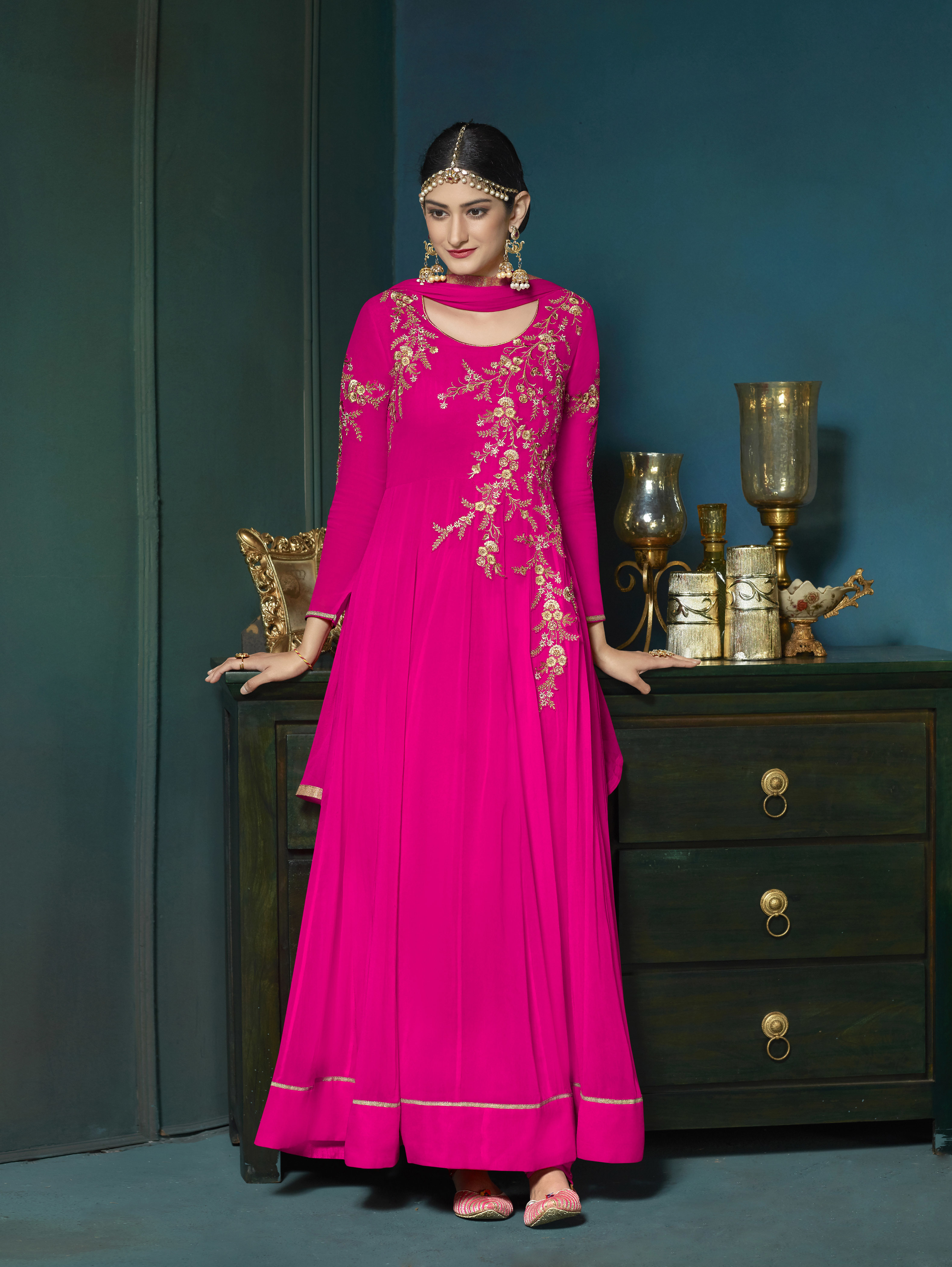 Designer Anarkali Suits - Georgette Top, Santoon Bottom, Bemberr Chiffon Dupatta, Heavy Embroidery Work | Customized Sizes, Traditional Ethnic Wear, Elegant Embroidered Pattern