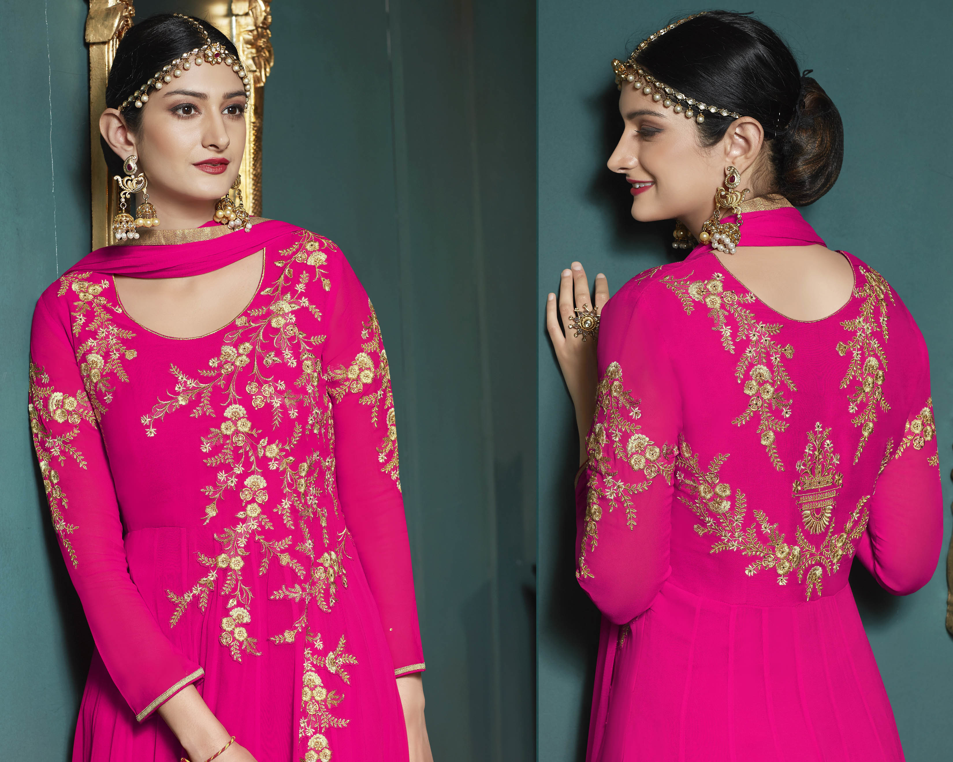 Designer Anarkali Suits - Georgette Top, Santoon Bottom, Bemberr Chiffon Dupatta, Heavy Embroidery Work | Customized Sizes, Traditional Ethnic Wear, Elegant Embroidered Pattern