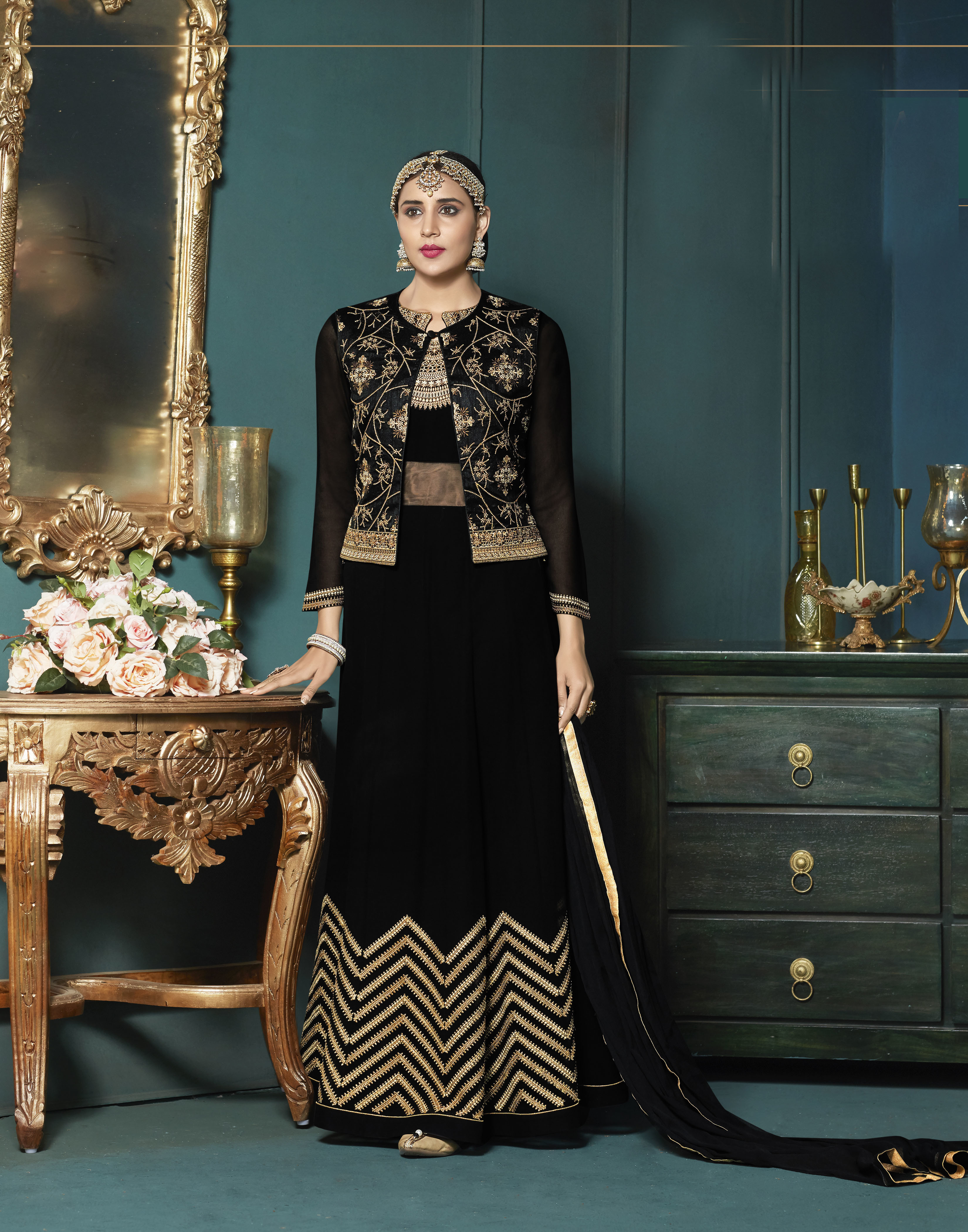 Designer Anarkali Suits - Georgette Top, Santoon Bottom, Bemberr Chiffon Dupatta, Heavy Embroidery Work | Customized Sizes, Traditional Ethnic Wear, Elegant Embroidered Pattern