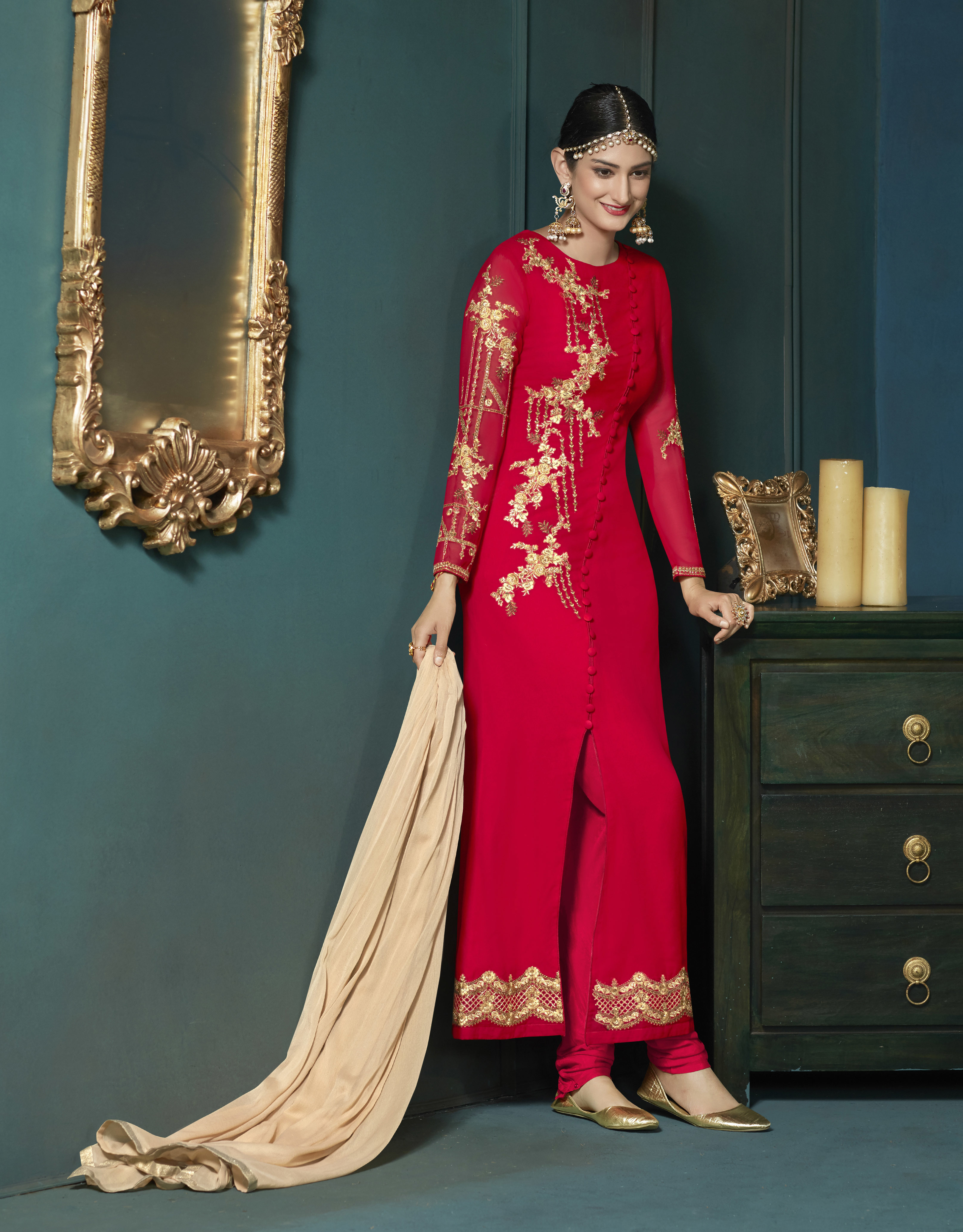 Designer Anarkali Suit - Georgette Top, Santoon Bottom, Bemberr Chiffon Dupatta | Customized Size, Heavy Embroidery Work, Elegant Indian Ethnic Wear