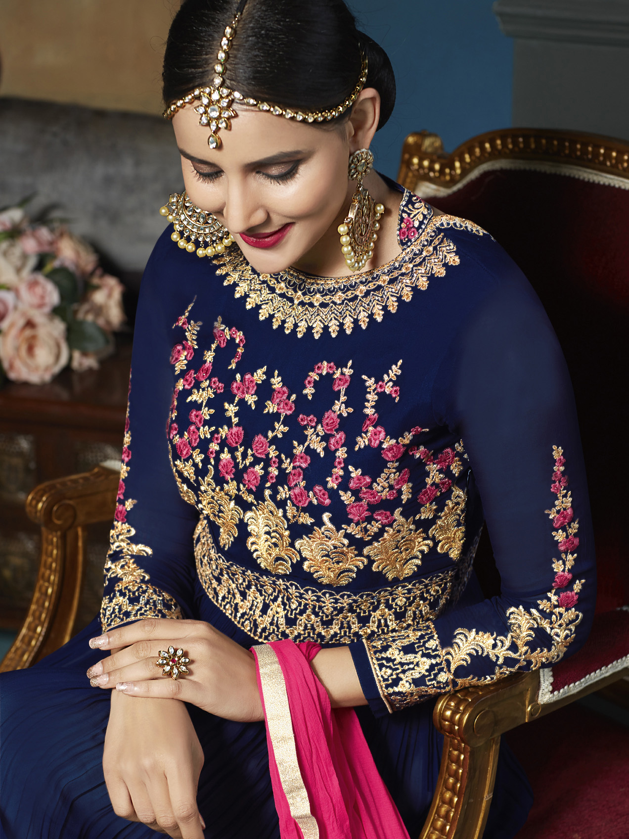 Designer Anarkali Suit - Georgette Top, Santoon Bottom, Bemberr Chiffon Dupatta | Customized Size, Heavy Embroidery Work, Elegant Indian Ethnic Wear