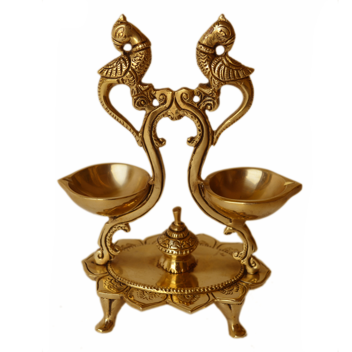 Golden Unique Table Diya With Parrot Design Of Two Wicks Made Of Brass Lamp