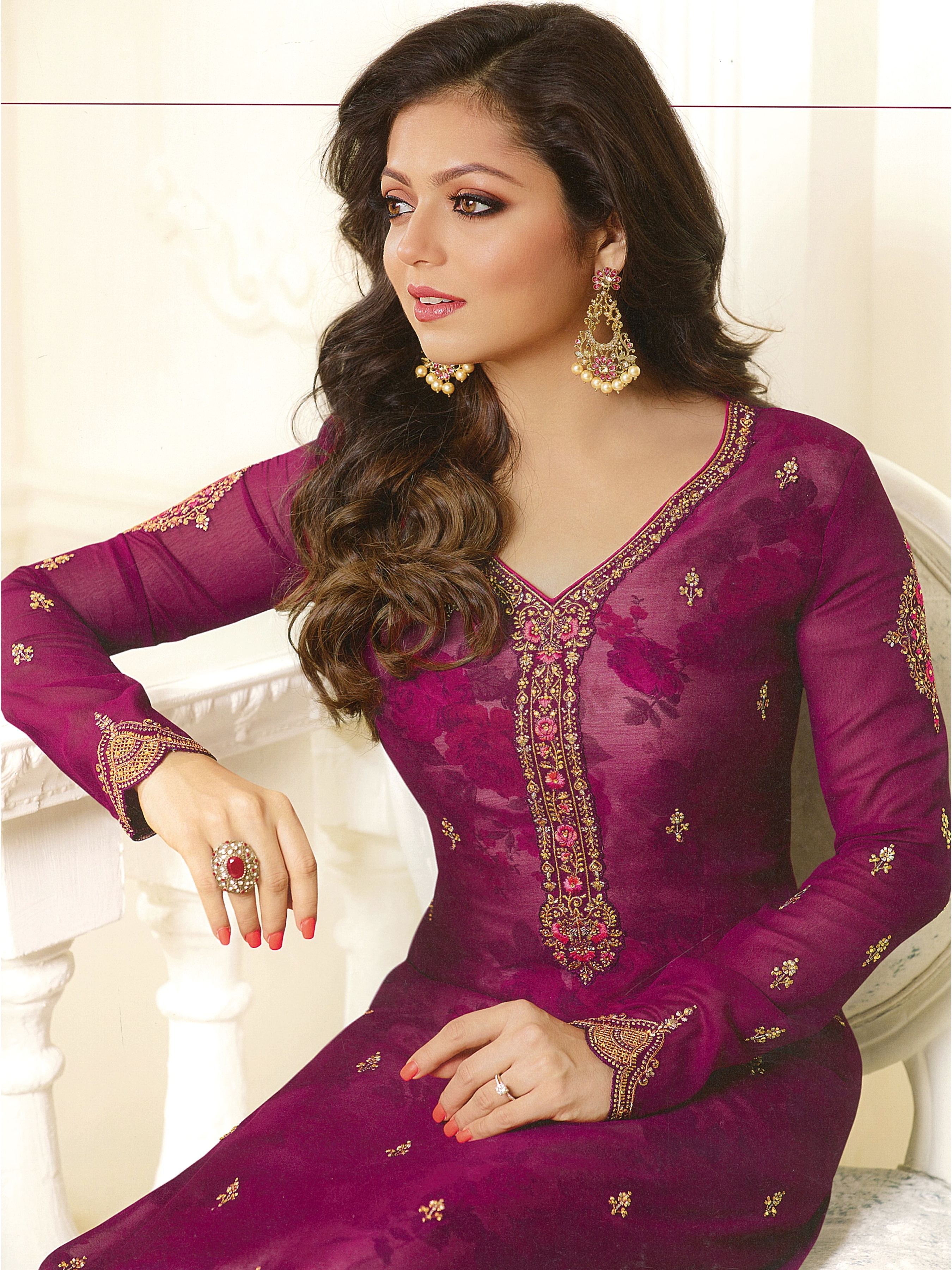 Georgette Straight Suit - Embroidered Purple Design, Breathable Fabrics, Washable And No Fade