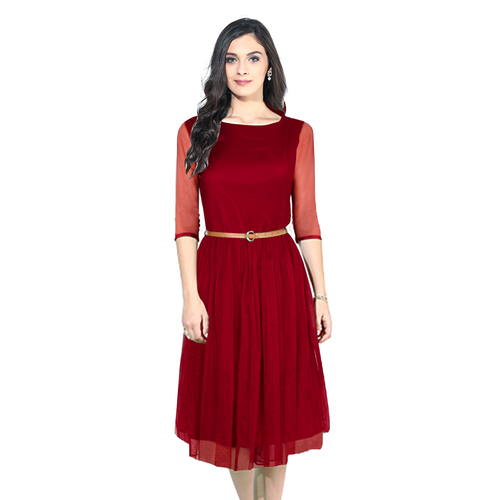 Western One Piece Dress - Other Material, Length: 38-39 Inch, Size: S, M, L, XL, XXL, Color: Maroon | Trendy Design, Full Sleeves, Easy to Wash, No Fade