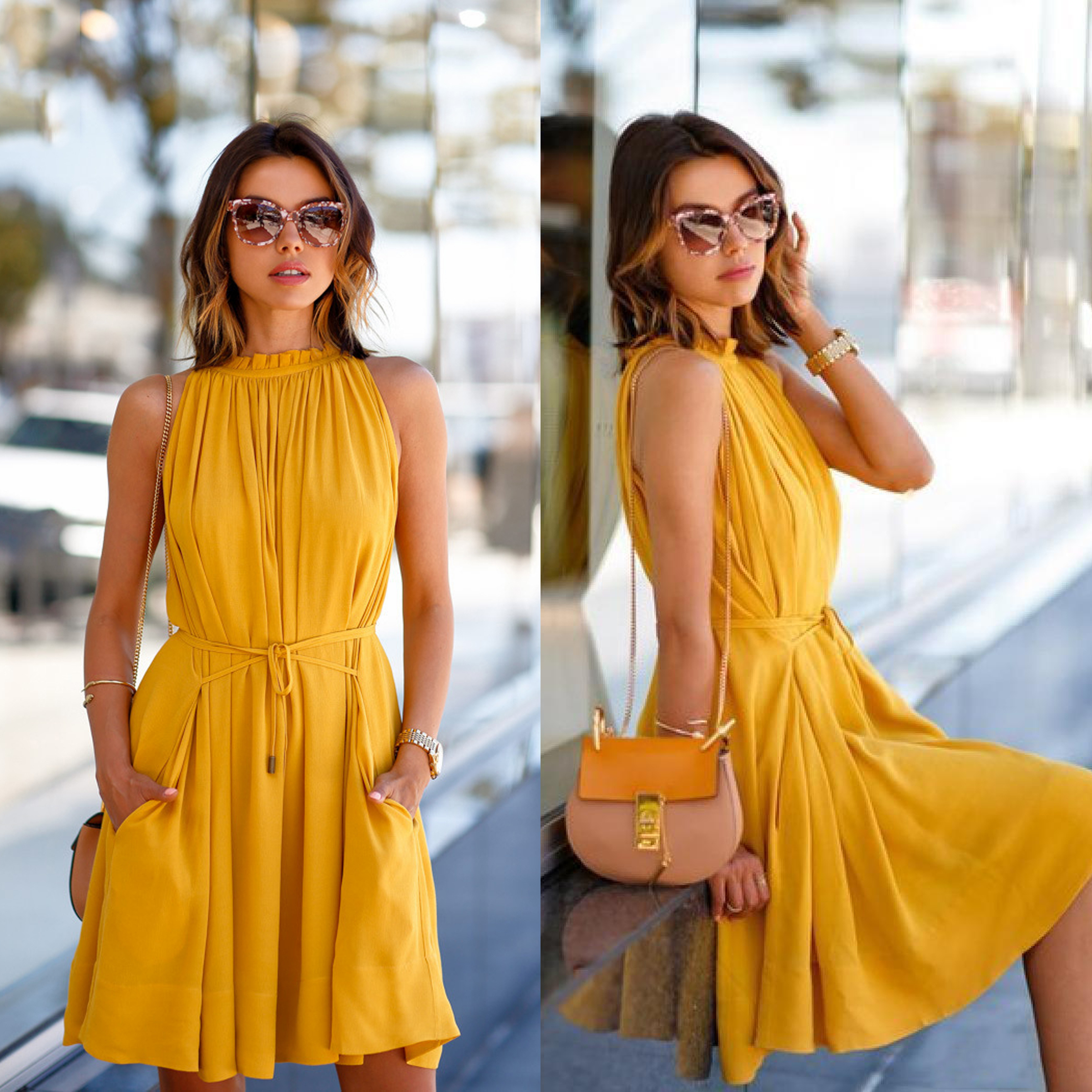 Western Dresses - Crepe Material, Size S-xxl, Yellow Color, Trendy Sleeveless Design, Printed Pattern, Washable & No Fade Feature