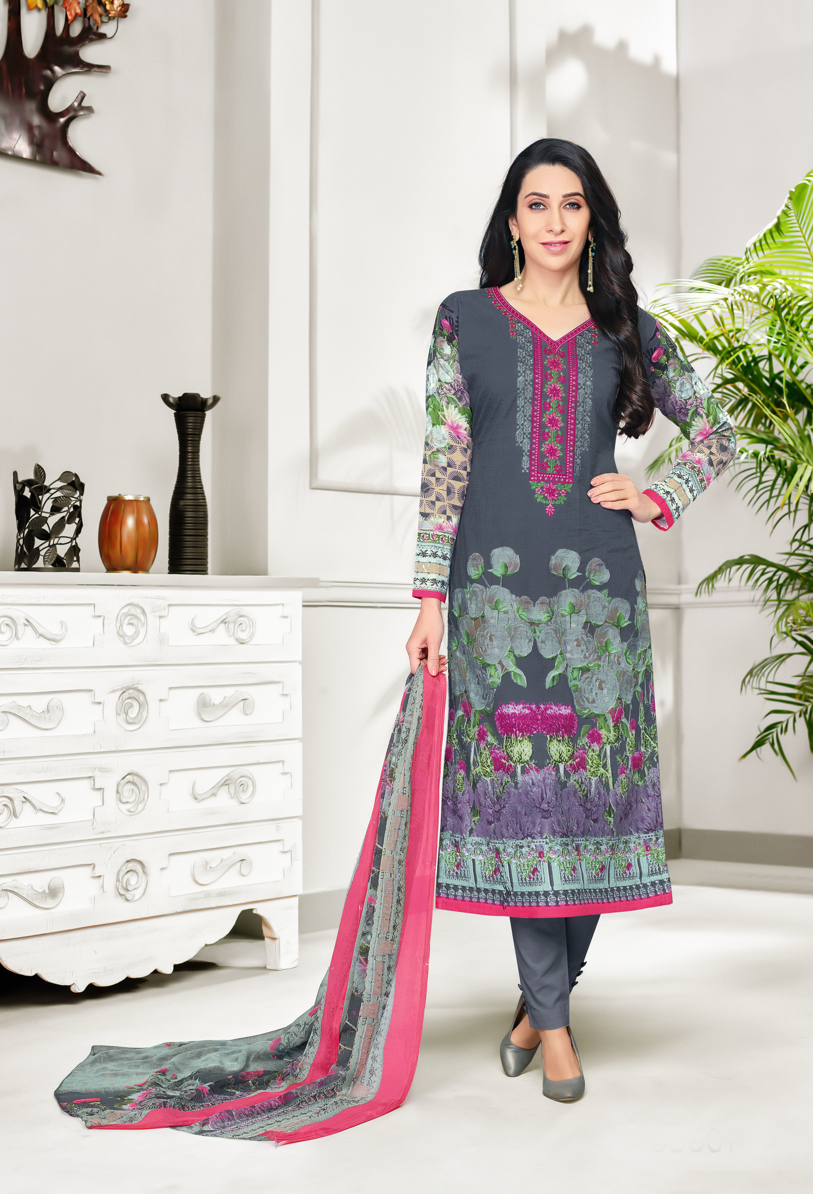 Designer Digital Printed Salwar Suit - Georgette Top, Glaze Cotton Bottom, Nazneen Dupatta | Mint Color, Floral Pattern, Casual & Festive Wear
