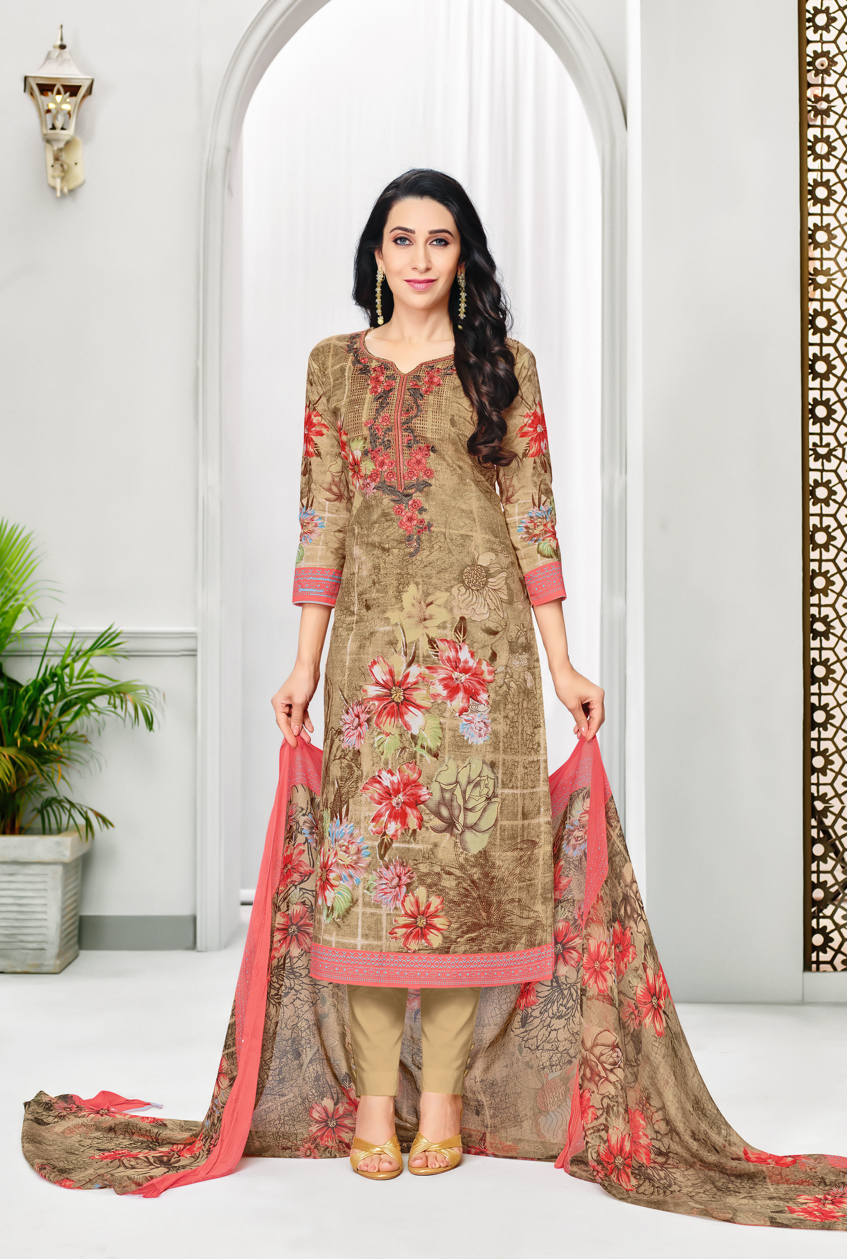 Designer Digital Printed Salwar Suit - Georgette Top, Glaze Cotton Bottom, Nazneen Dupatta | Mint Color, Floral Pattern, Casual & Festive Wear