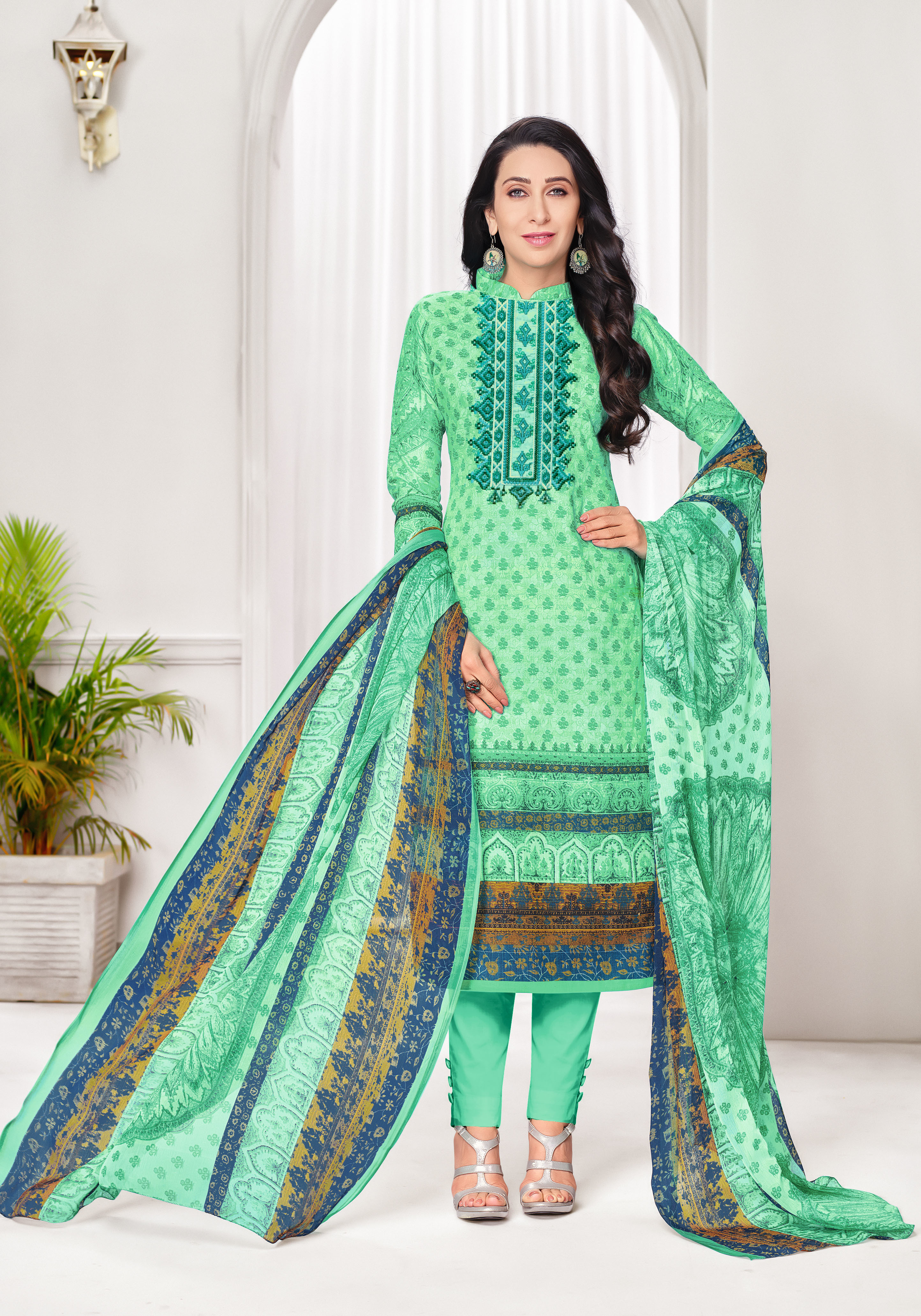 Designer Digital Printed Salwar Suit - Georgette Top, Glaze Cotton Bottom, Nazneen Dupatta | Mint Color, Floral Pattern, Casual & Festive Wear