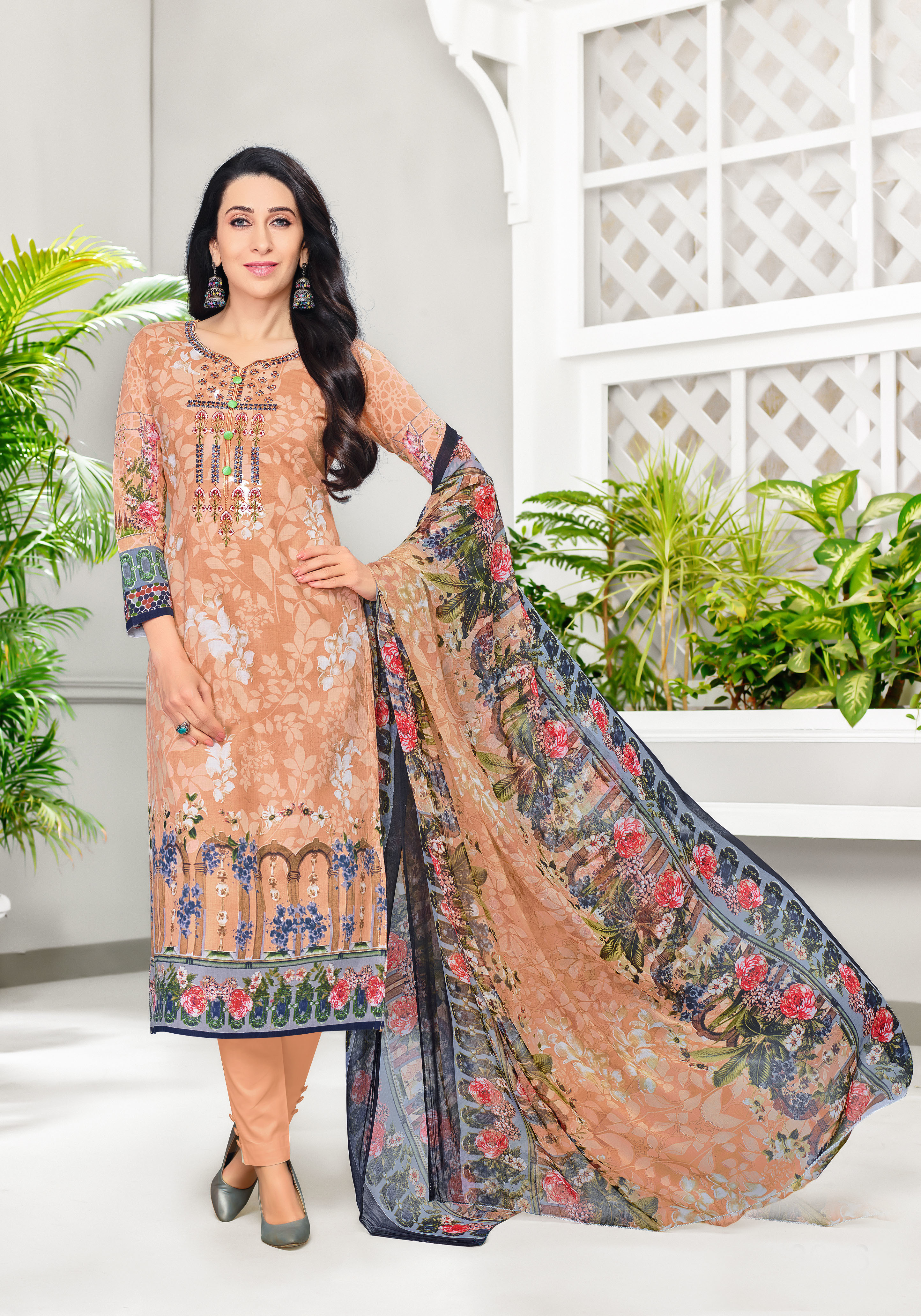 Designer Digital Printed Salwar Suit - Georgette Top, Glaze Cotton Bottom, Nazneen Dupatta | Mint Color, Floral Pattern, Casual & Festive Wear