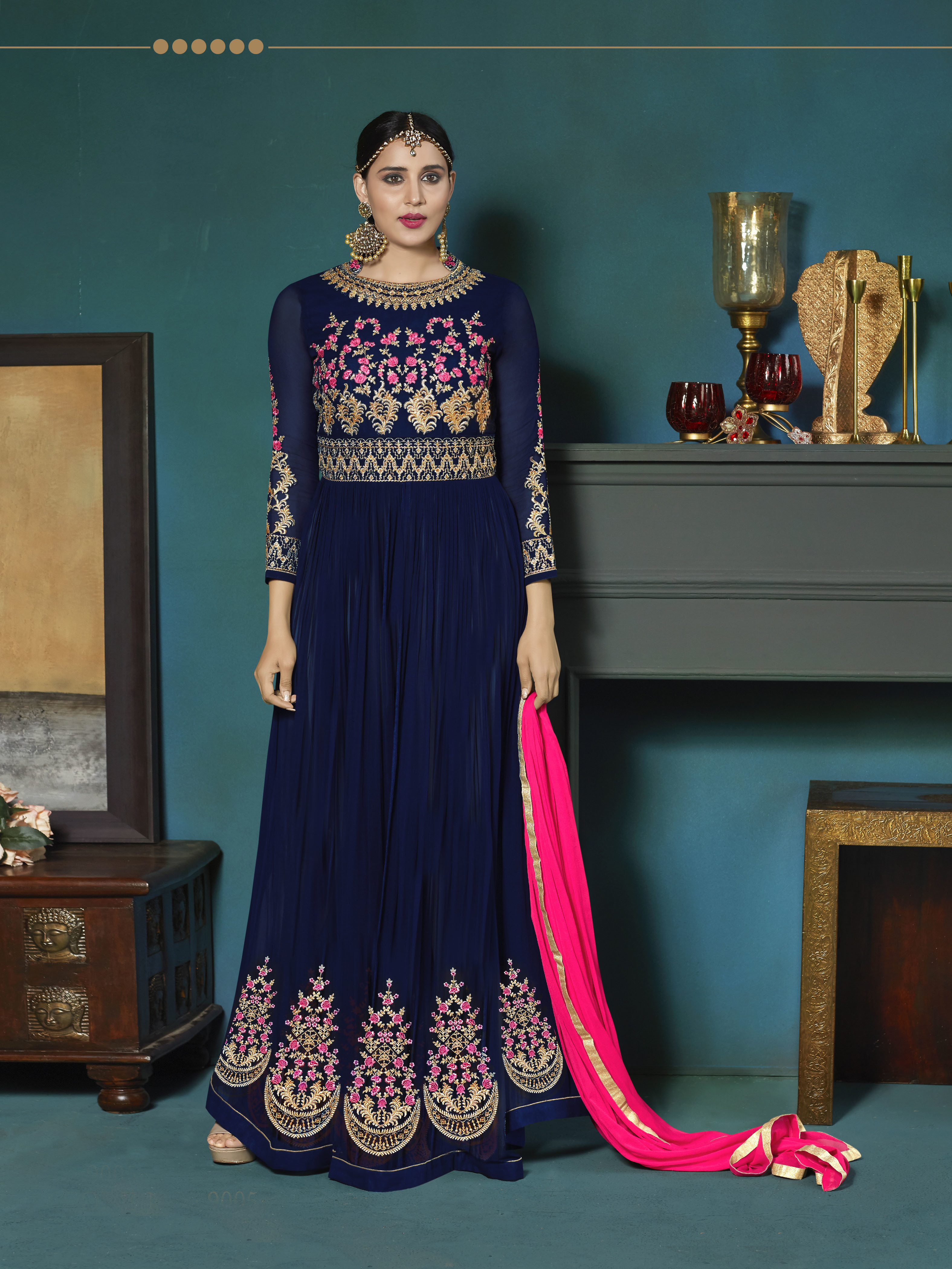 Party Wear Designer Anarkali Suit - Georgette Top, Santoon Bottom, Bemberr Chiffon Dupatta, Heavy Embroidery Work, All Season Ethnic Wear
