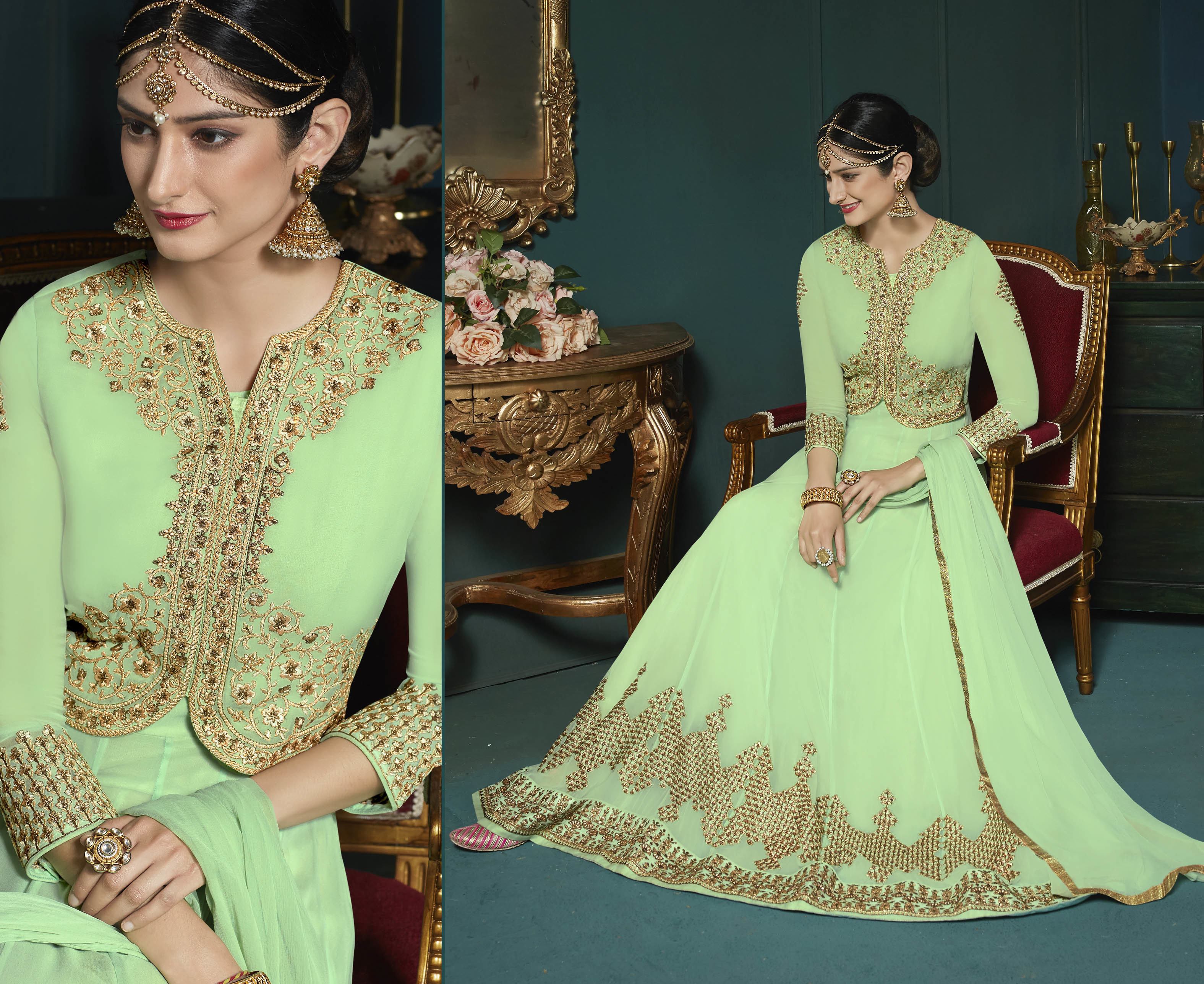 Party Wear Designer Anarkali Suit - Georgette Top, Santoon Bottom, Bemberr Chiffon Dupatta, Heavy Embroidery Work, All Season Ethnic Wear