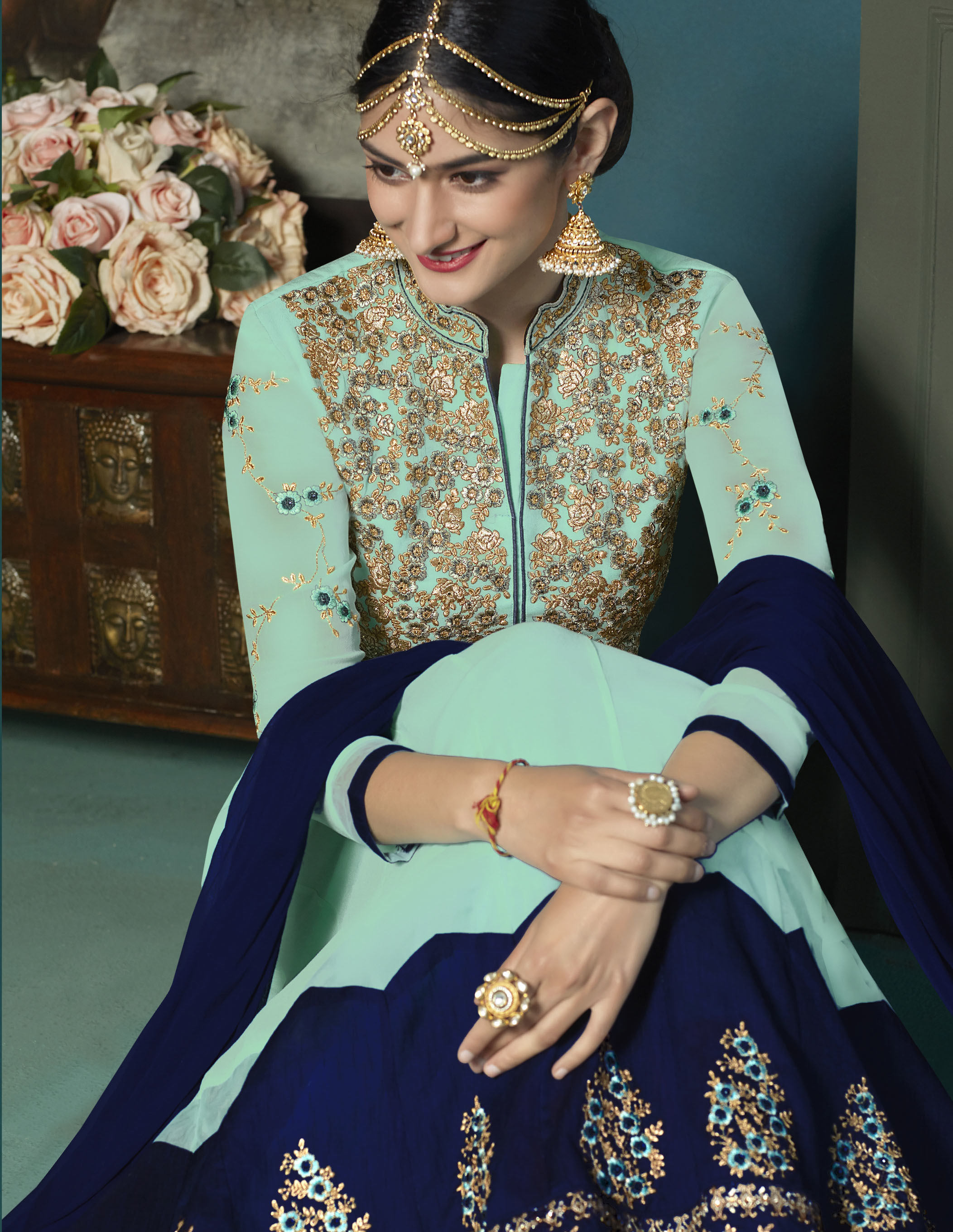 Party Wear Designer Anarkali Suit - Georgette Top, Santoon Bottom, Bemberr Chiffon Dupatta, Heavy Embroidery Work, All Season Ethnic Wear