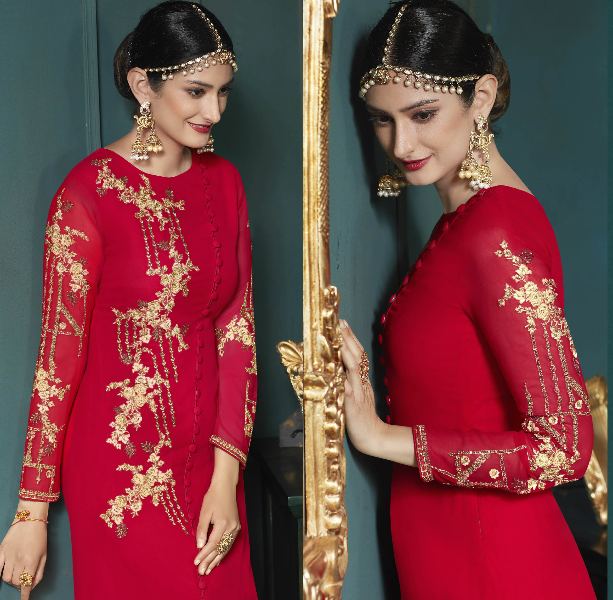 Party Wear Designer Anarkali Suit - Georgette Top, Santoon Bottom, Bemberr Chiffon Dupatta, Heavy Embroidery Work, All Season Ethnic Wear