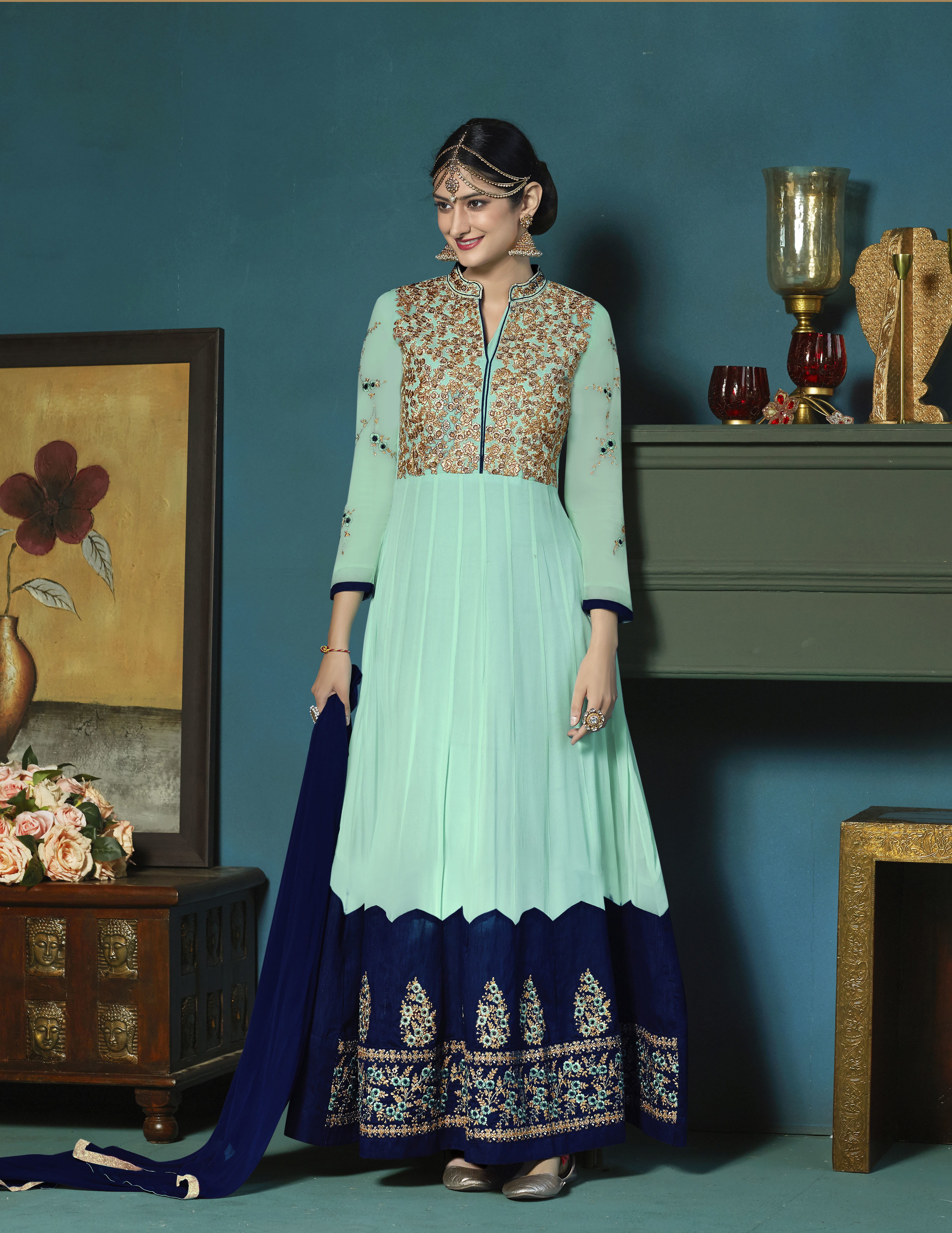 Party Wear Designer Anarkali Suit - Georgette Top, Santoon Bottom, Bemberr Chiffon Dupatta, Heavy Embroidery Work, All Season Ethnic Wear