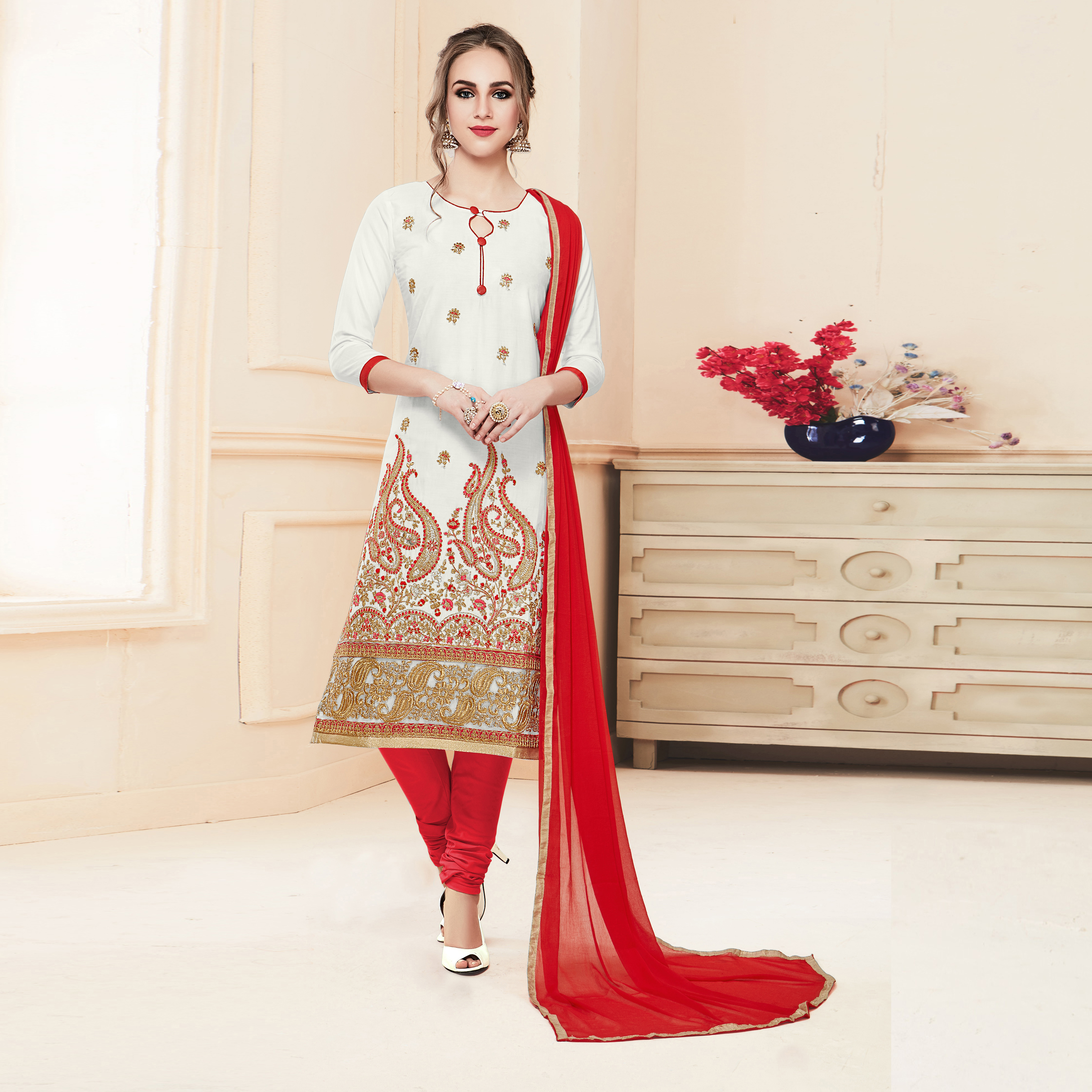 Cream And Pink Churidar Suit
