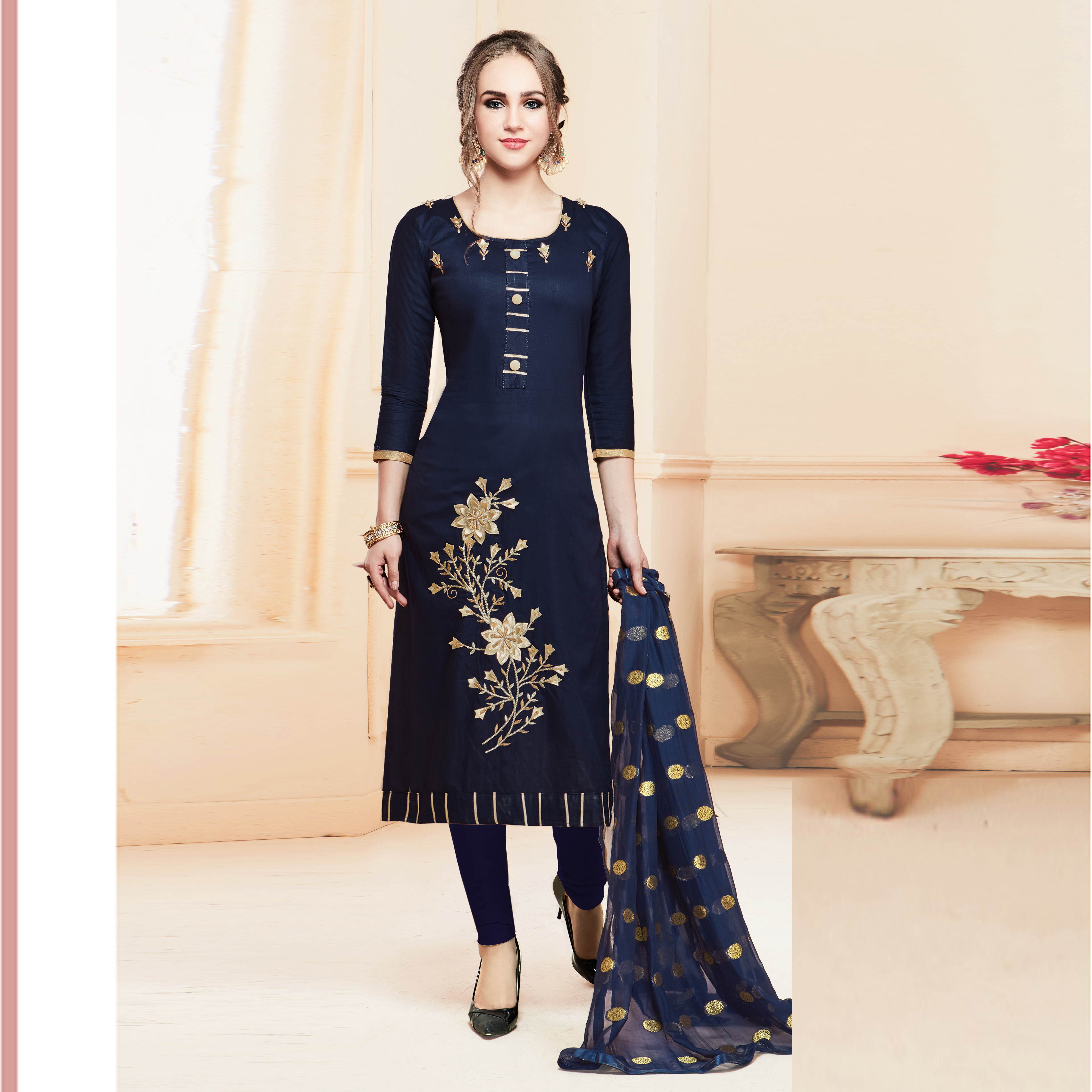 Cream And Pink Churidar Suit