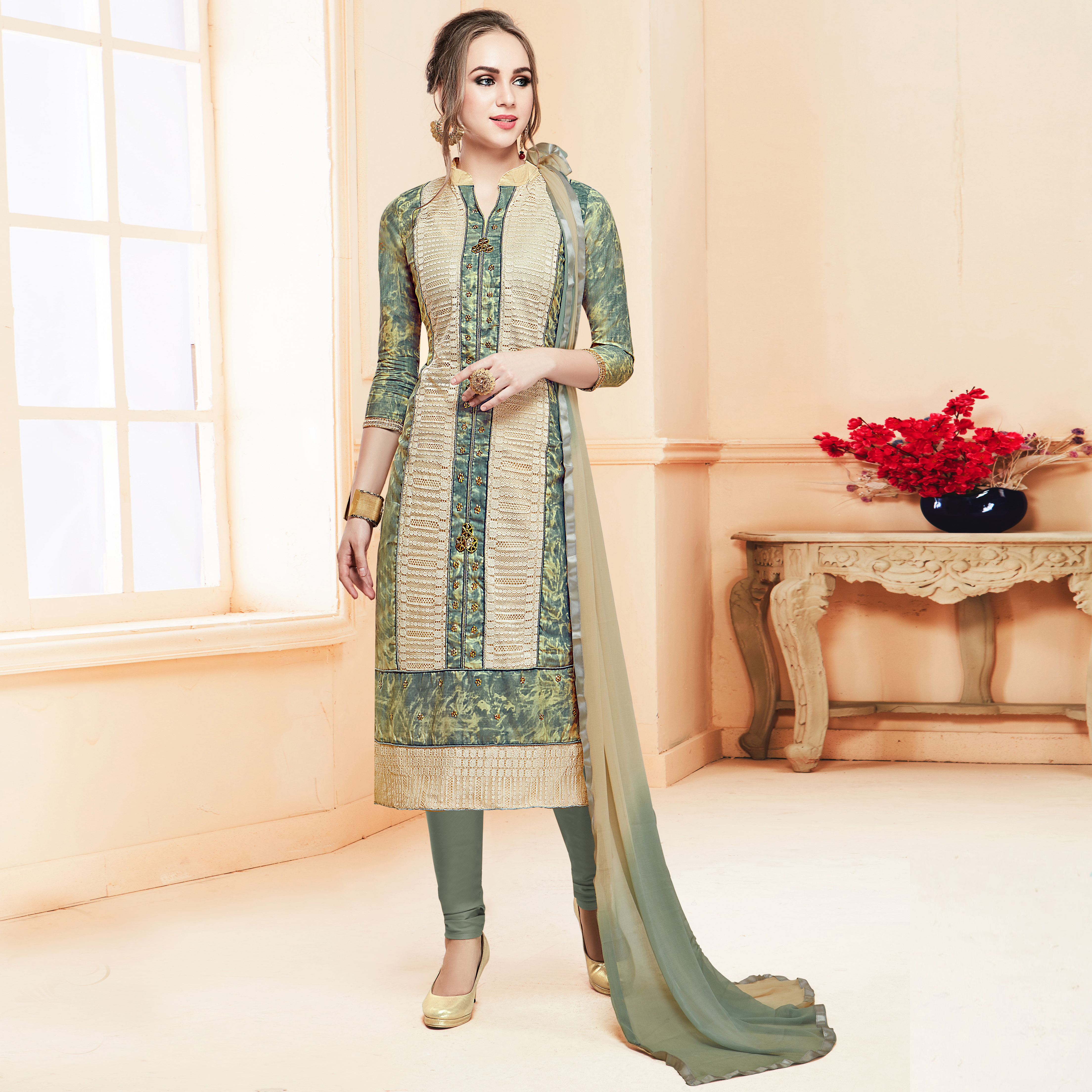 Cream And Pink Churidar Suit