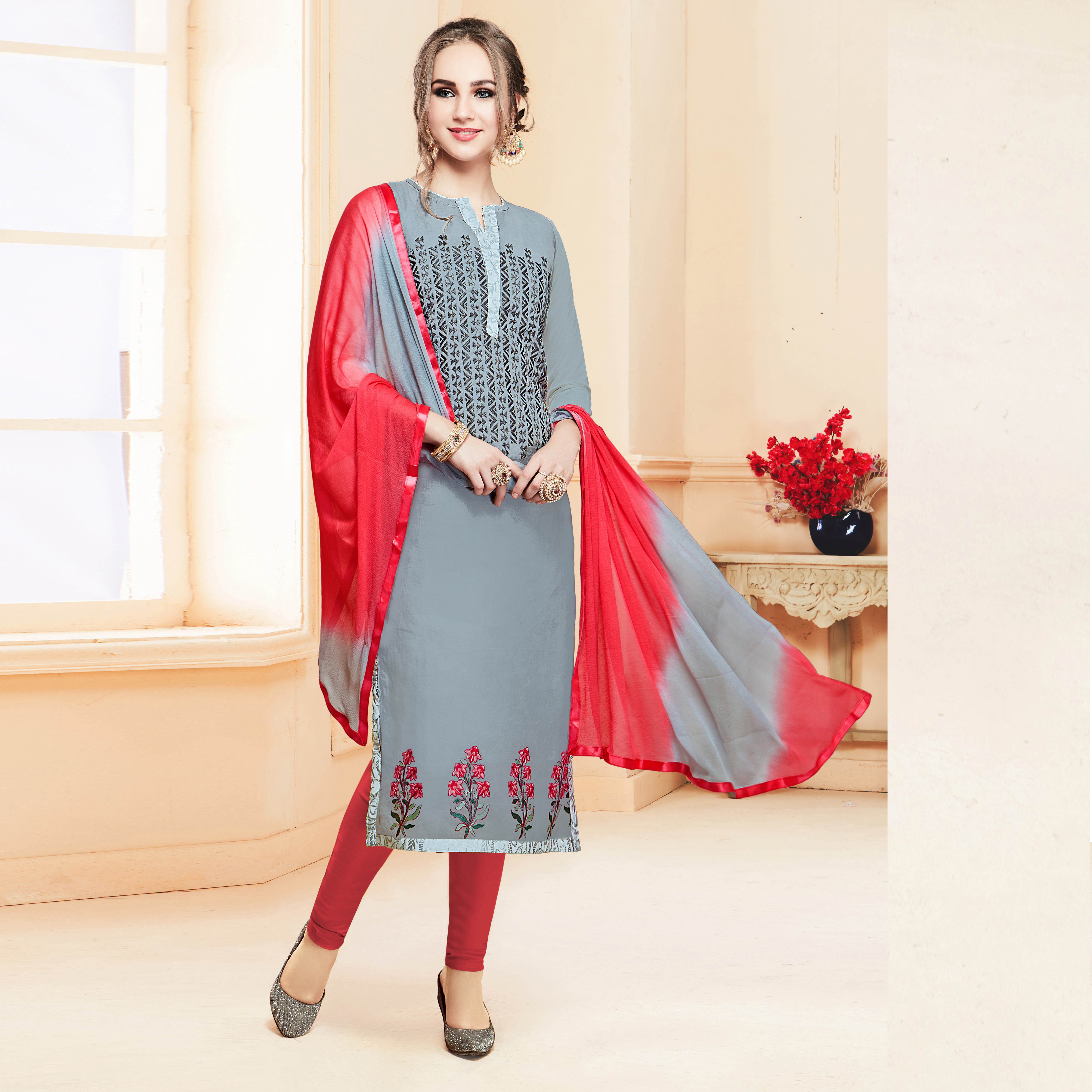 Cream And Pink Churidar Suit