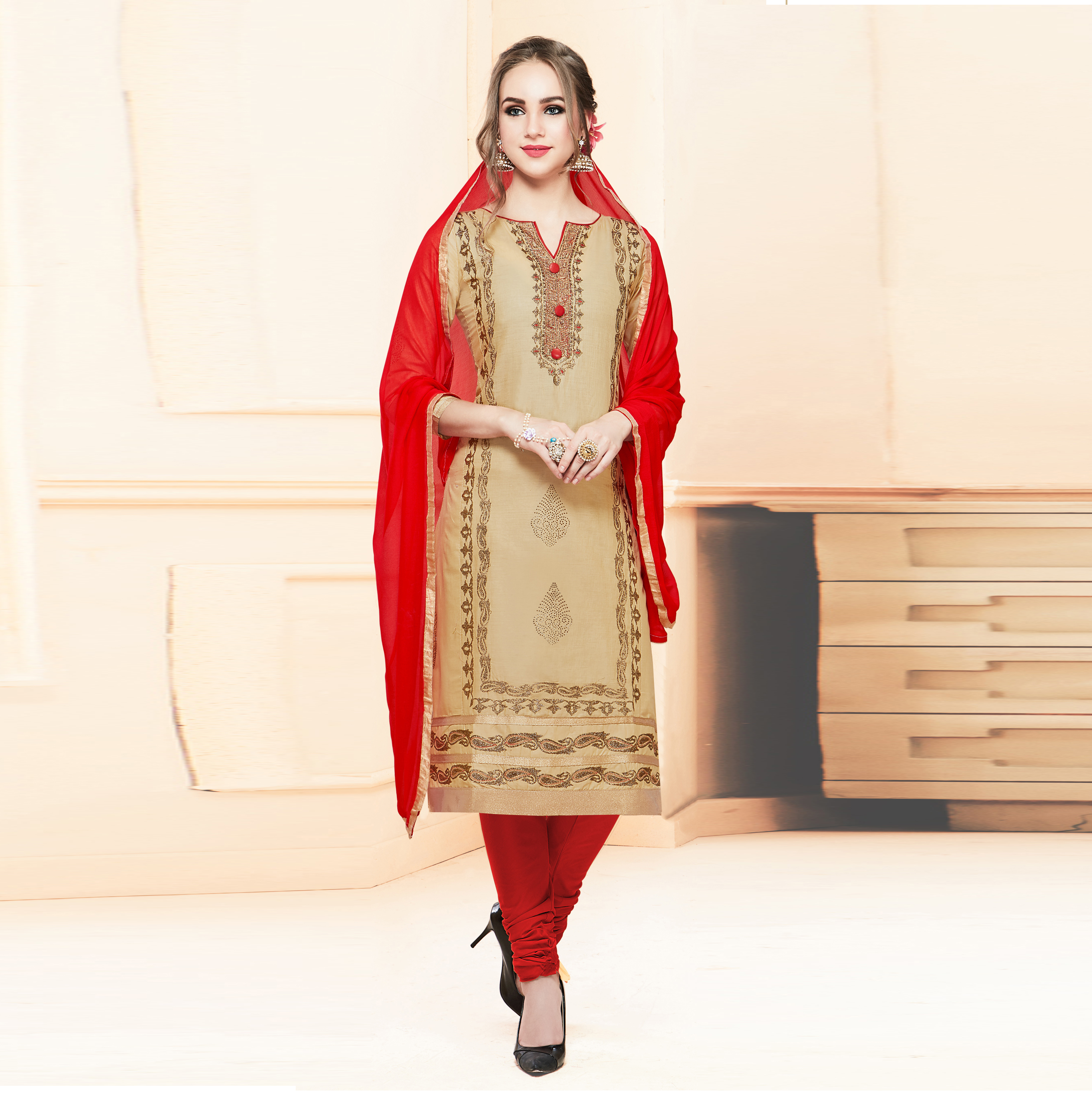 Cream And Pink Churidar Suit