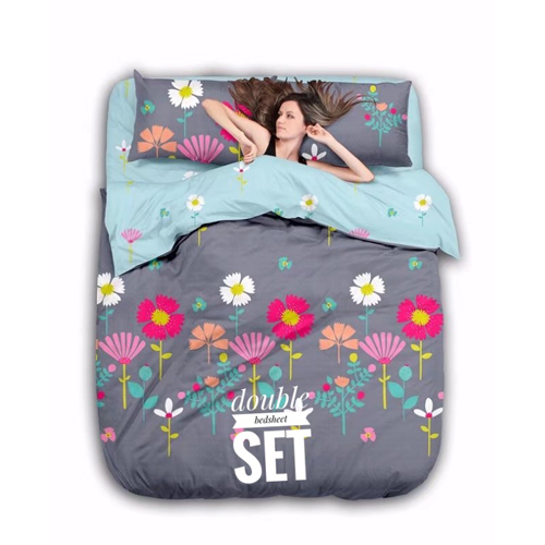 Grey And Sky Blue Double Printed Bedsheet Set