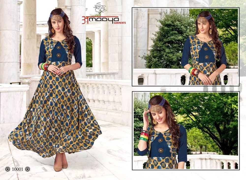 नीले और भूरे रंग के रेयॉन प्रिंटेड कुर्ती